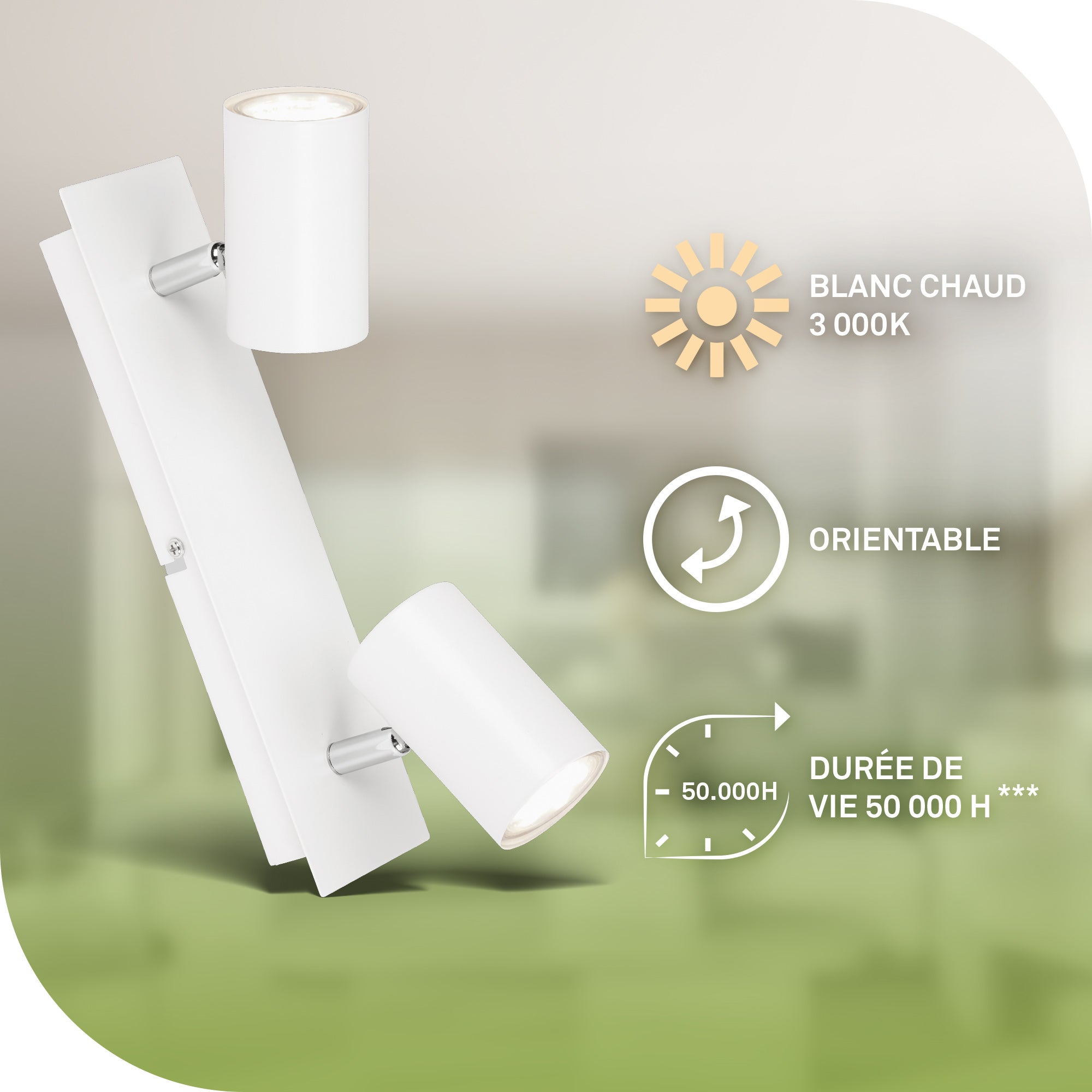Spot LED 2-flammes - Classe d'efficacité énergétique A - IP20 - 290x80x125mm - Blanc - 3.000K - 2x2W / 450lm - Briloner - 2