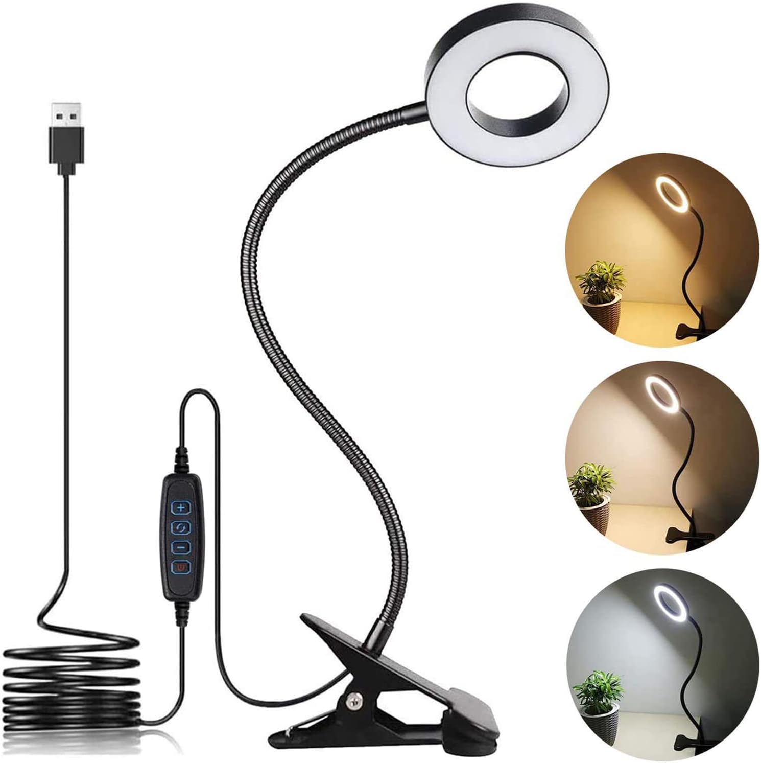 Elastyczna lampa biurkowa LED 360° z klipsem, lampa do czytania z klipsem, 3 tryby oświetlenia i 10 poziomów jasności, zasilana przez USB, do nauki i