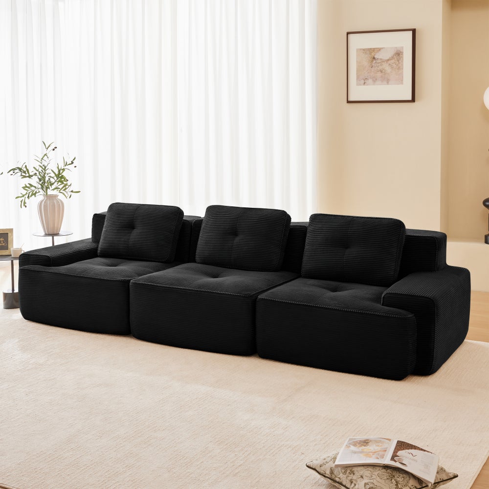 Sofa narożna modułowa, sztruksowa, duża, głębokie siedzisko, 3-osobowa, czarna