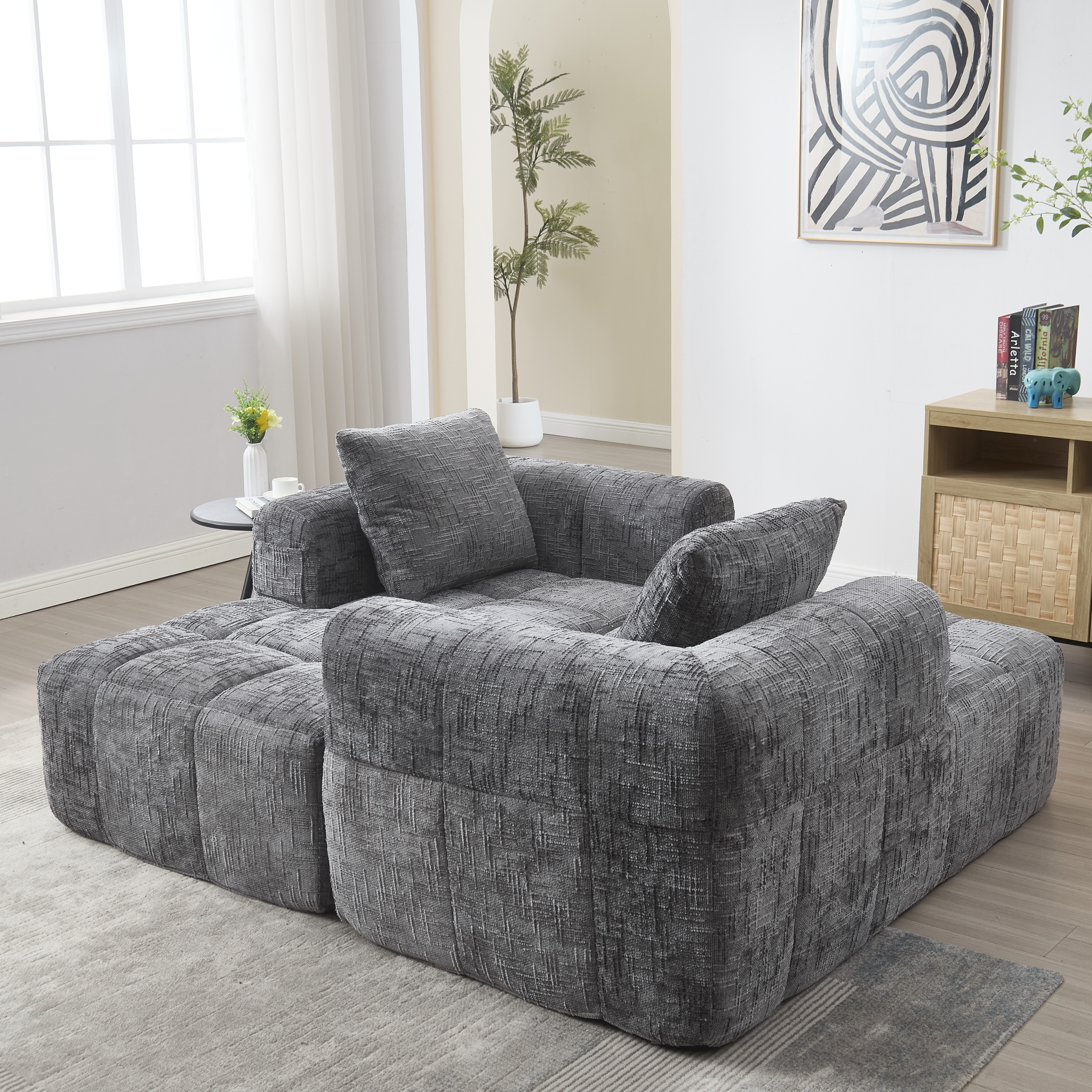 Canapé d'angle 3 places - Style moderne en chenille avec chauffeuse 3 coussins et poche pour télécommande gris - 10