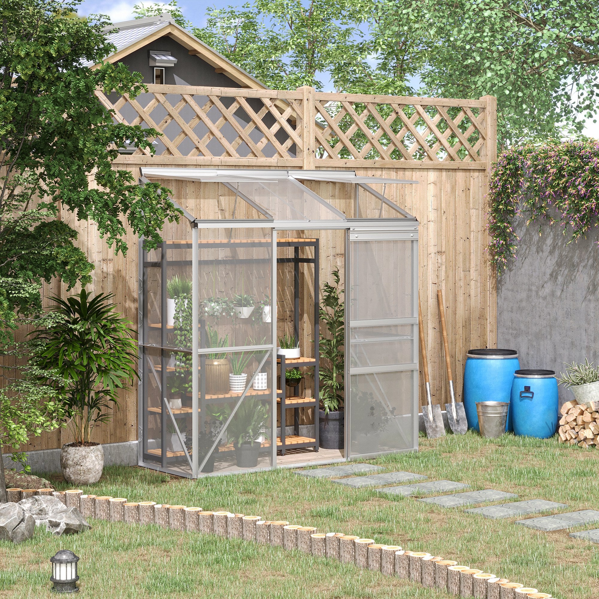 Serre adossée serre de jardin fenêtres ouvrables à 5 niveaux panneau en PC cadre aluminium 1,9 x 0,7 x 2 m transparent - 3