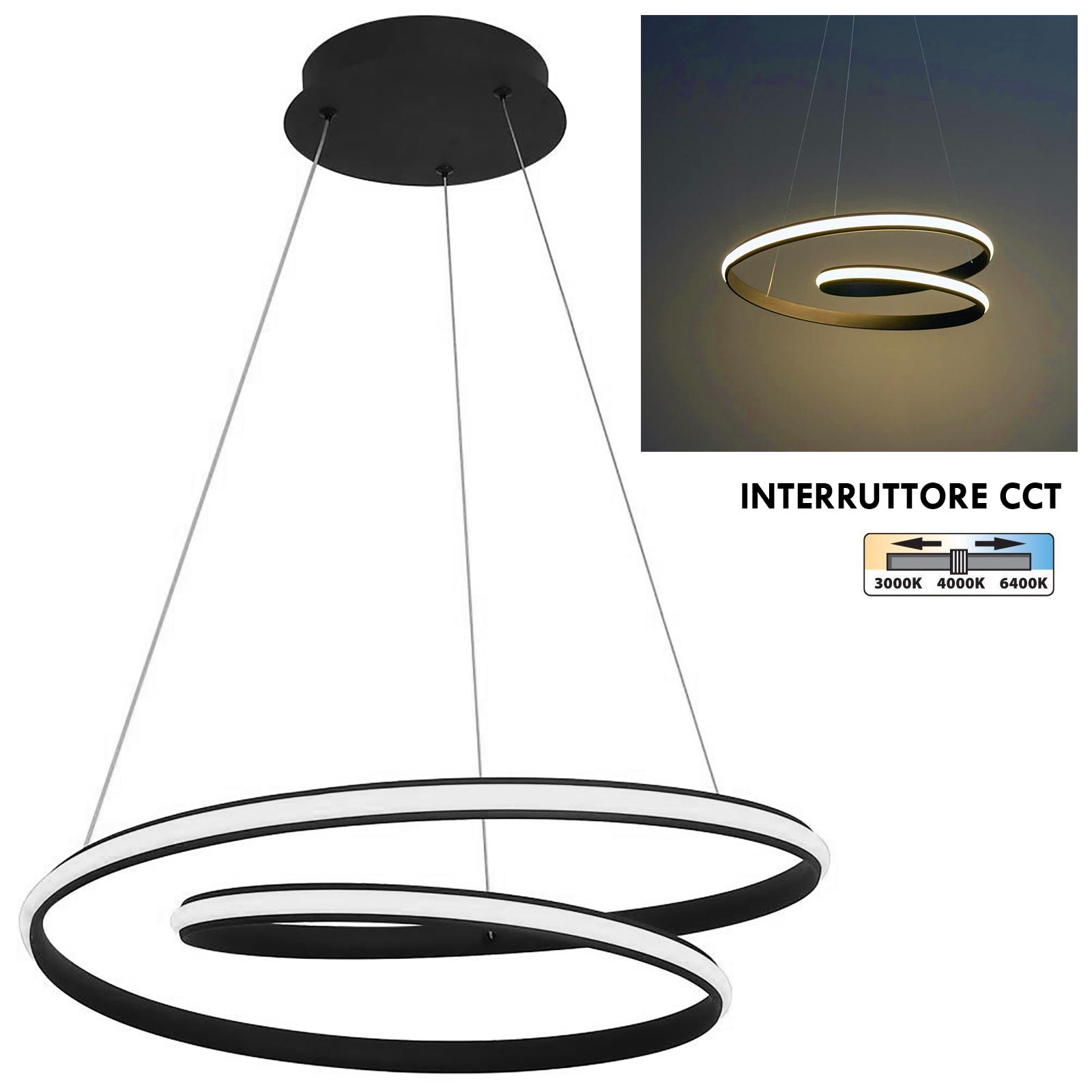 Lámpara colgante de diseño led de 43 w, cct seleccionable, araña de metal negro, ø 51 cm