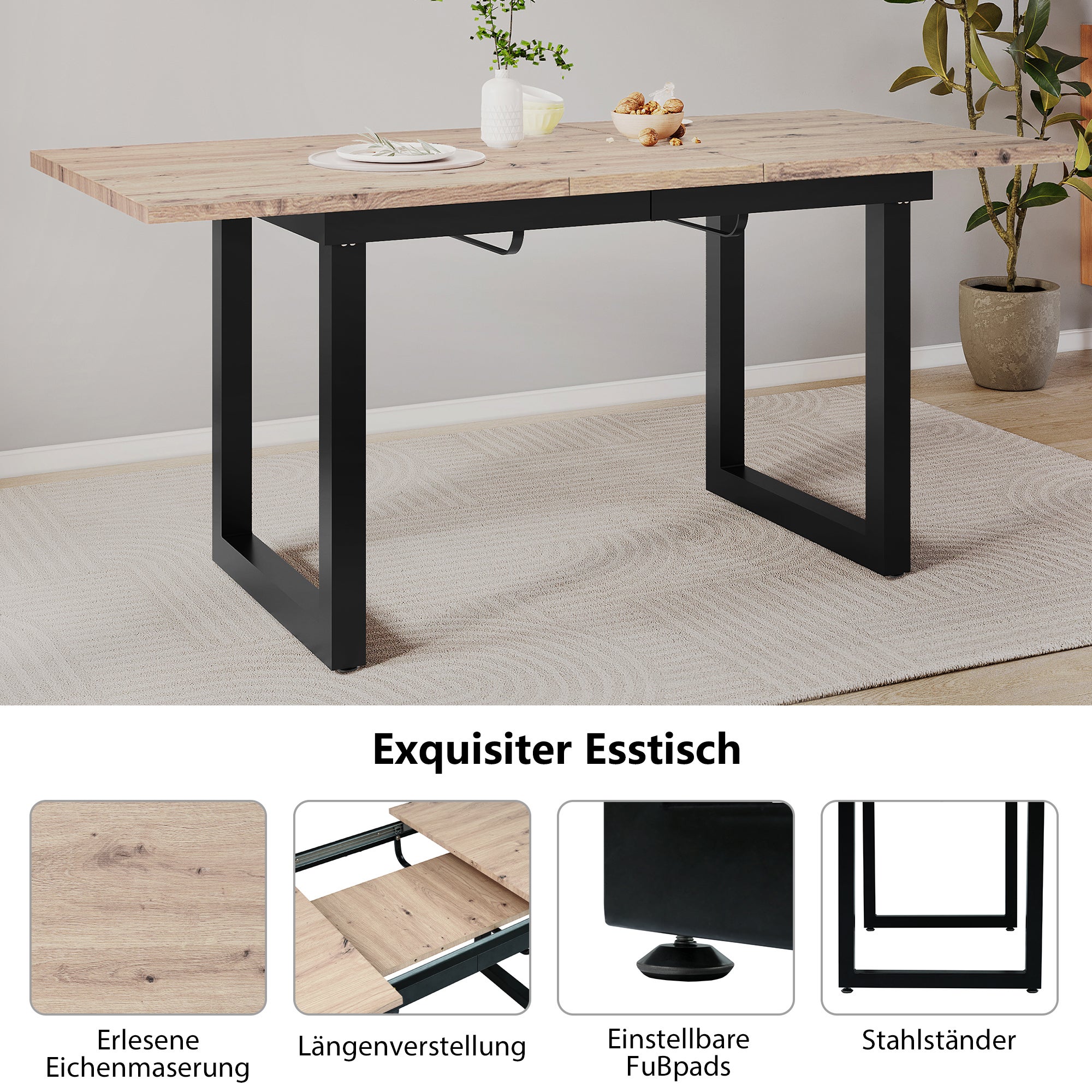 Table à manger extensible 2 à 6 couverts en Panneaux de particules et métal - 140/180 x 80 x 75 cm - Naturel et noir - 4