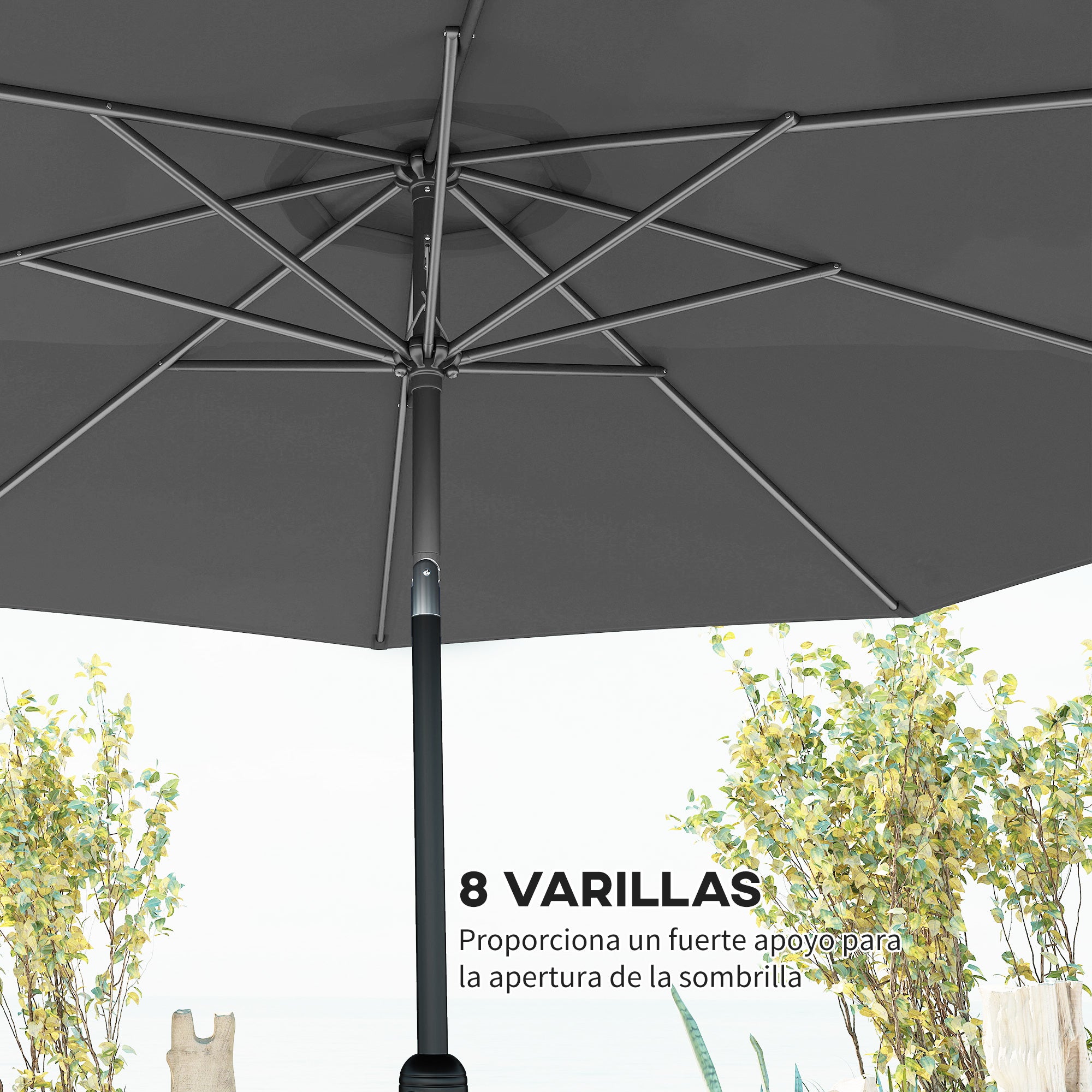 Parasol jardin Ø295x250 cm manivelle basculante, poteau métal amovible, gris foncé - 9
