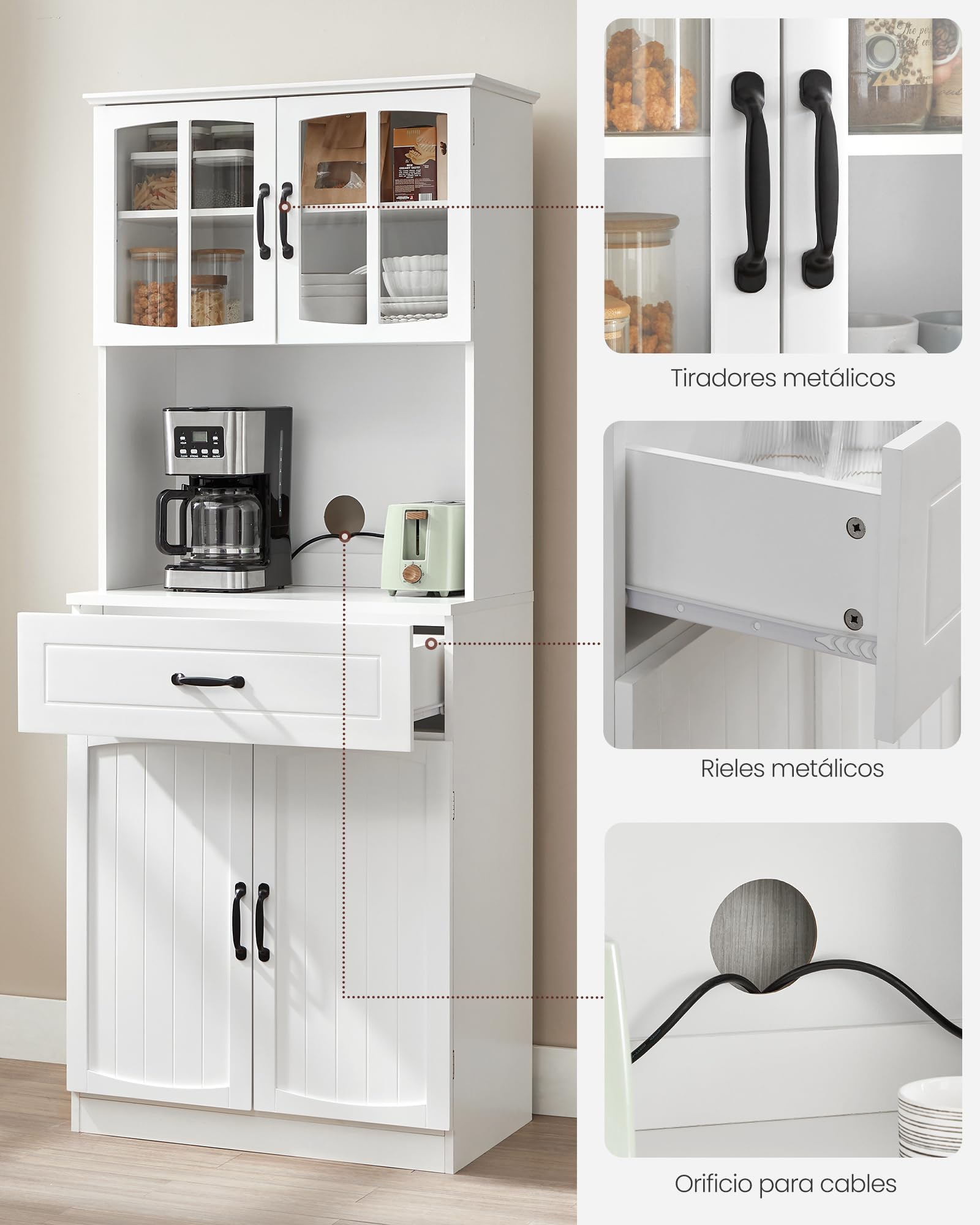 Armario alto de cocina blanco con puertas de cristal y estantes ajustables, cajón, encimera para microondas y cables, estilo moderno - 4