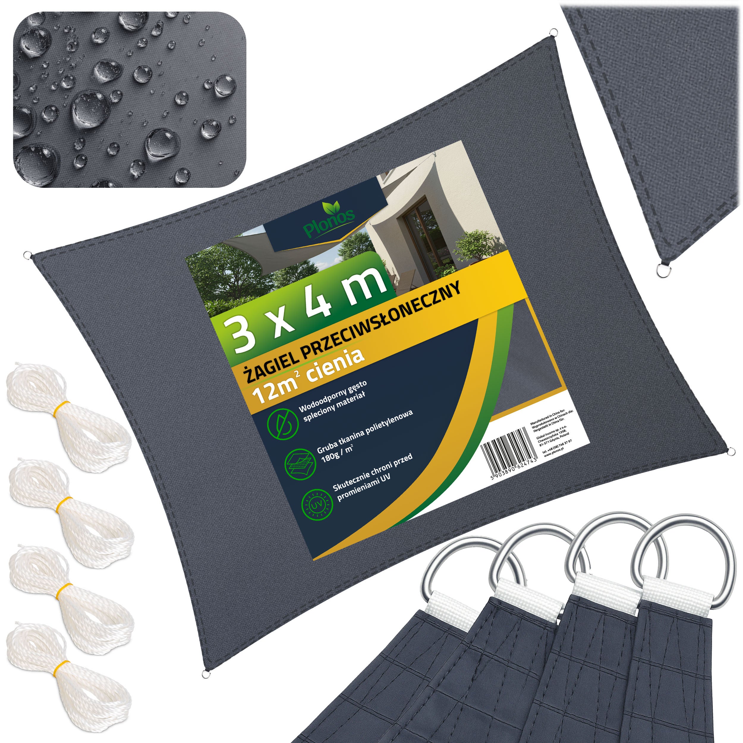 Żagiel przeciwsłoneczny prostokątny ogrodowy 180g na taras wodoodporny 4x3m Plonos
