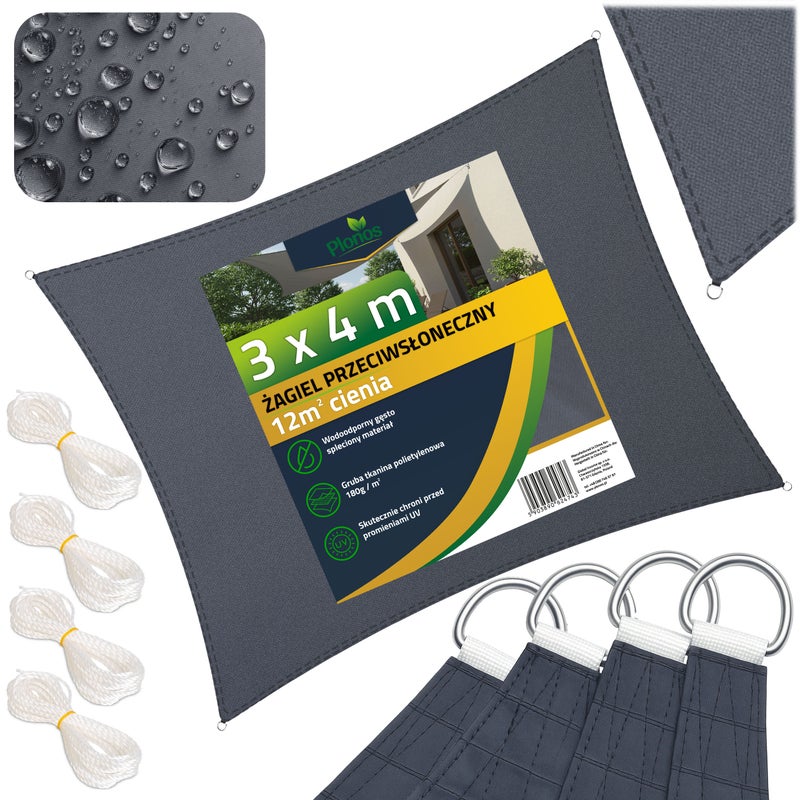 Żagiel przeciwsłoneczny prostokątny ogrodowy 180g na taras wodoodporny 4x3m Plonos