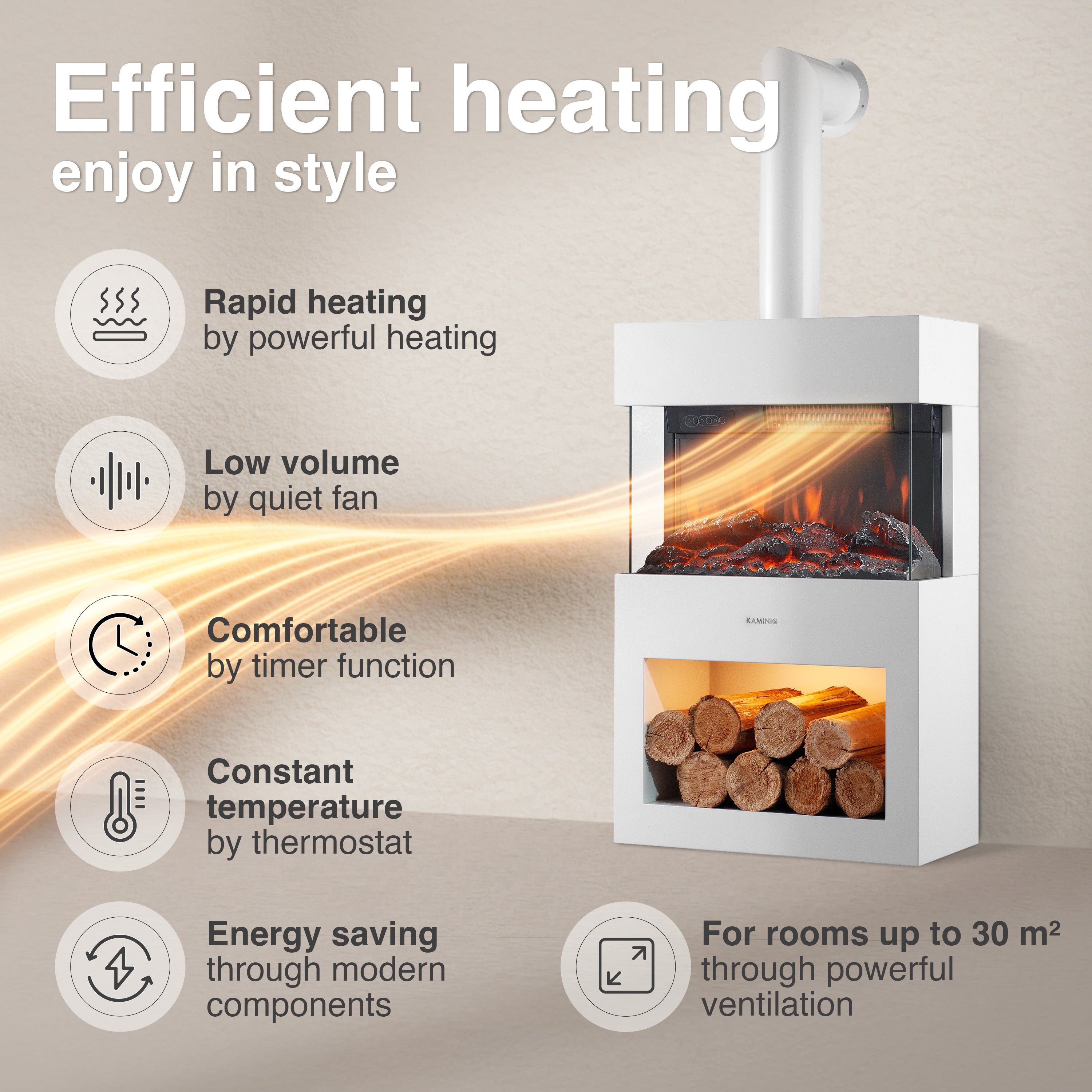 KAMINIO Chimenea eléctrica HENRI con tubo de chimenea - Estufa de chimenea calefacción, llama 3D, luz ambiental, compartimento madera, remoto - Blanco - 4
