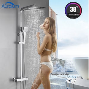 Système douche avec thermostat,douche effet pluie, colonne douche en Laiton avec pommeau de douche/douchette à main,barre de douche réglable