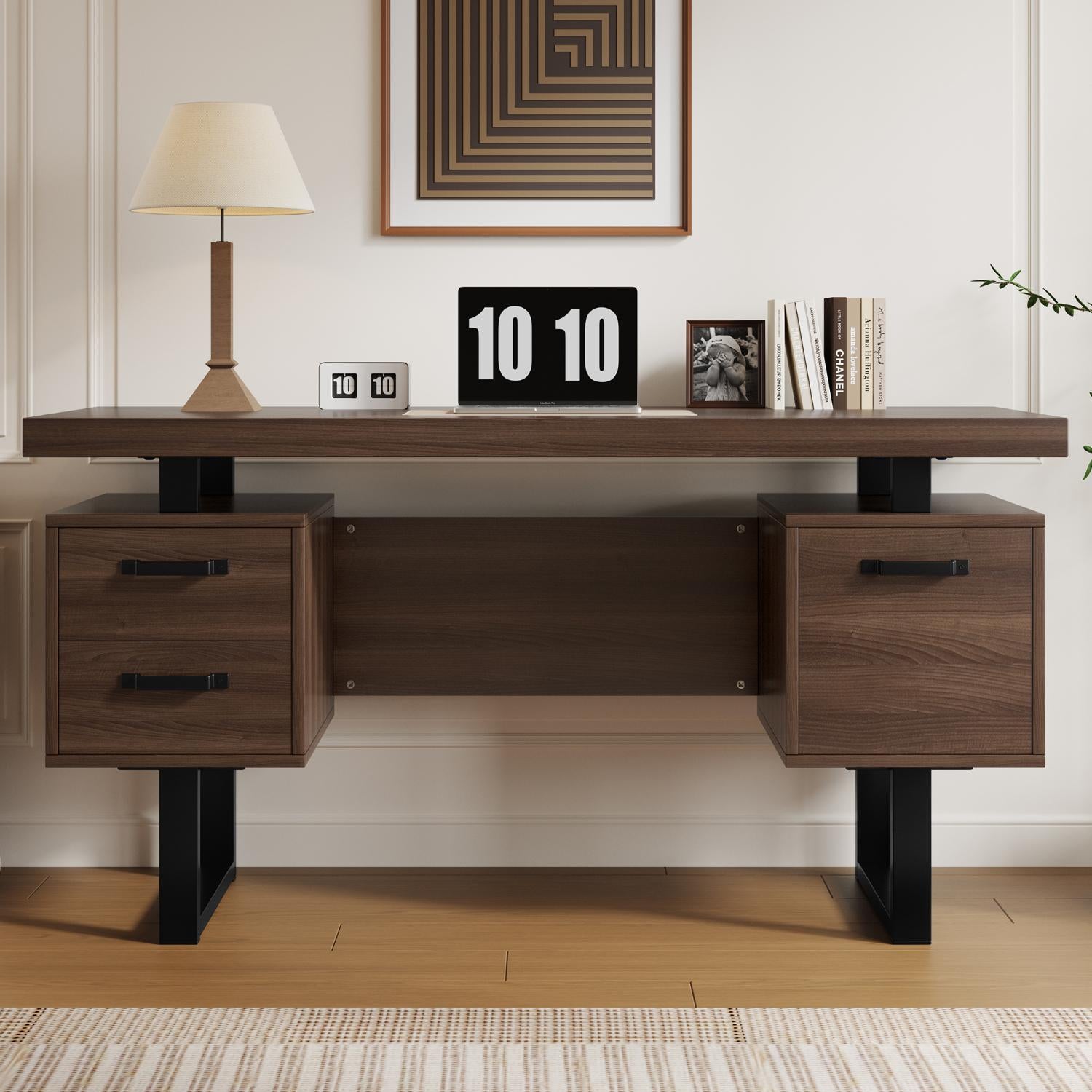 Bureau d'ordinateur 135x54 cm en MDF et acier, 2 tiroirs silencieux, rangement dossiers, plateau épais - 2