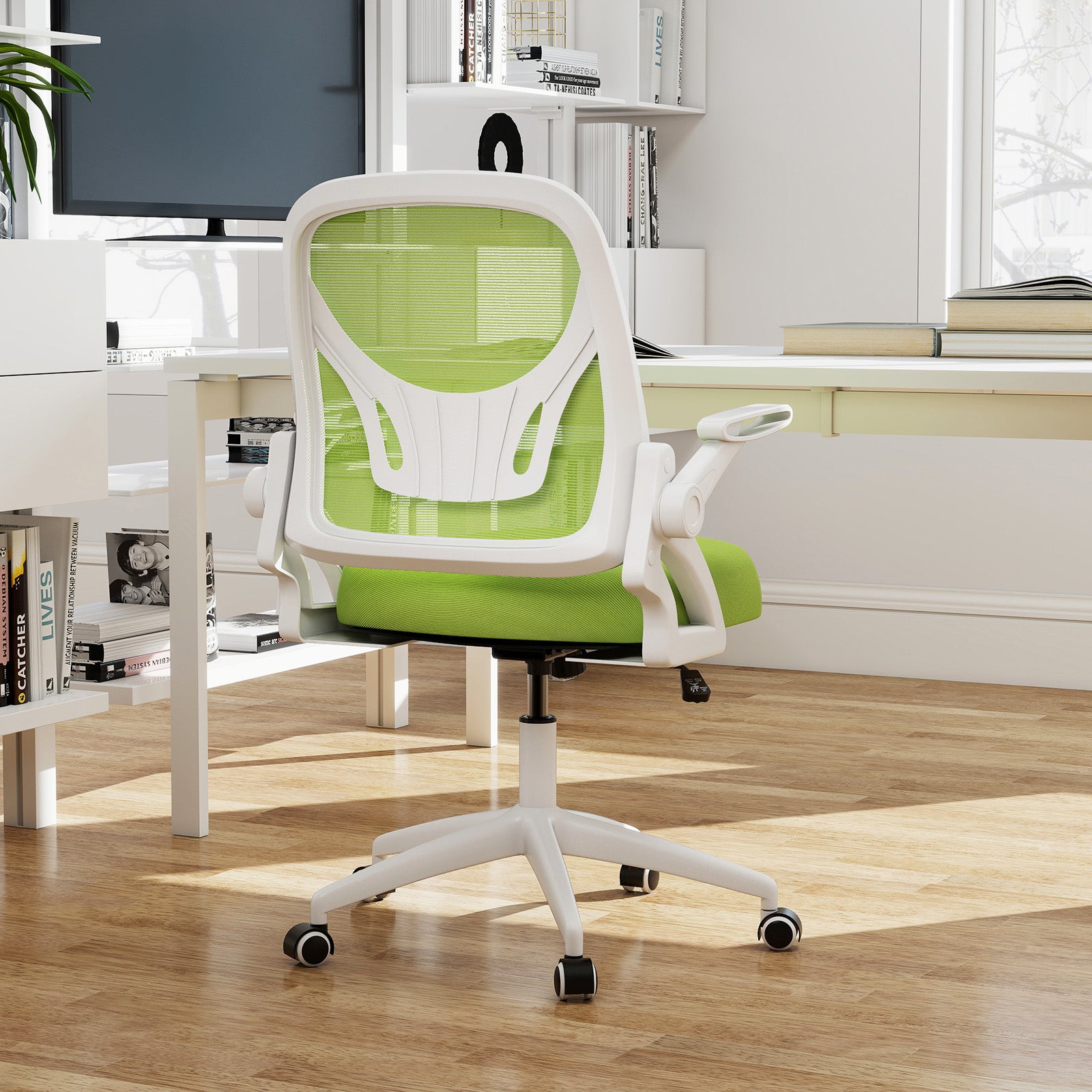 Ergonomiczne krzesło biurowe obrotowe, fotel biurowy z regulowaną wysokością i podnoszonymi podłokietnikami, oparcie z oddychającej siatki, zielone - 4