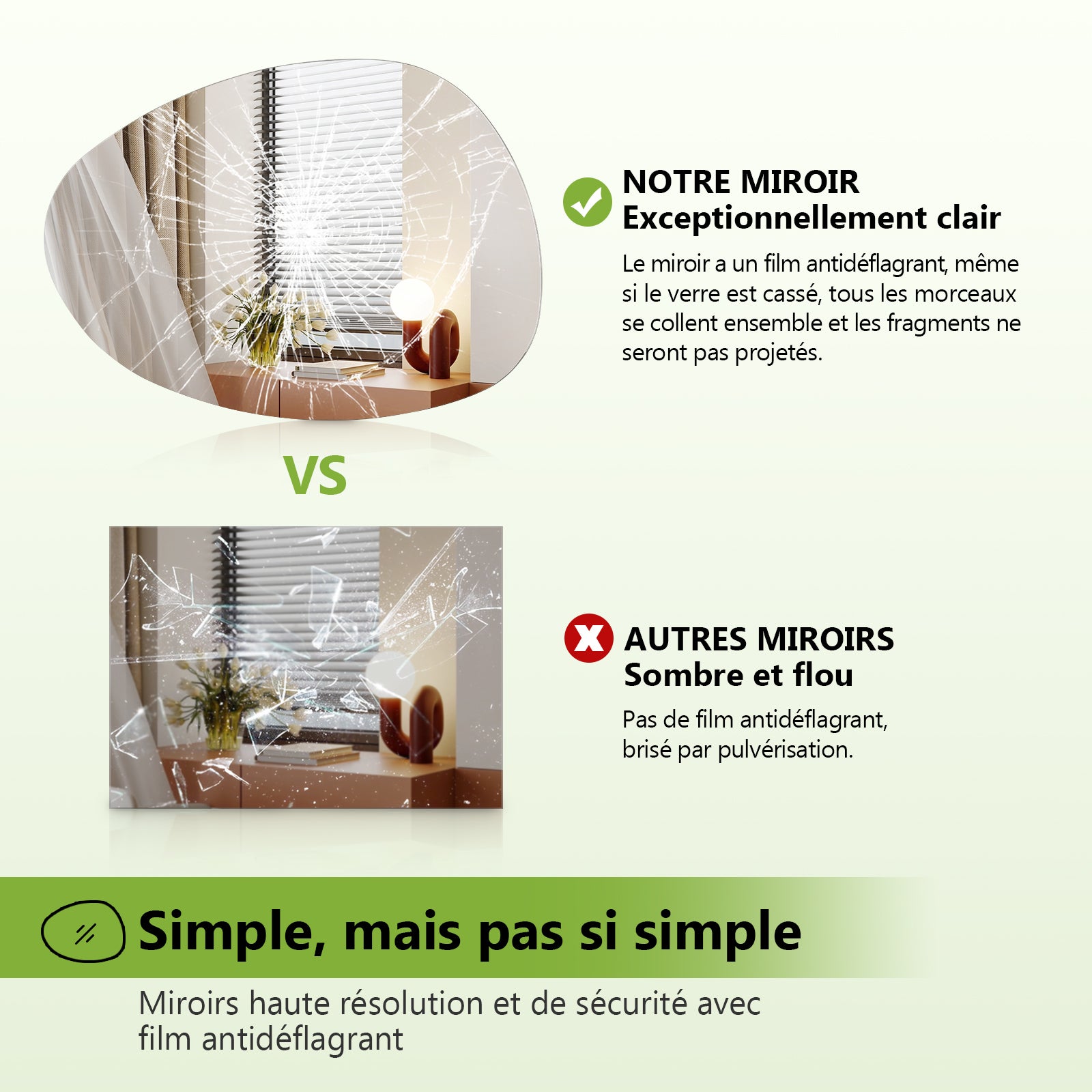 Miroir asymétrique sans cadre 50 × 85 cm, miroir mural anti-humidité pour salle de bains, bords polis, installation verticale ou horizontale - 6