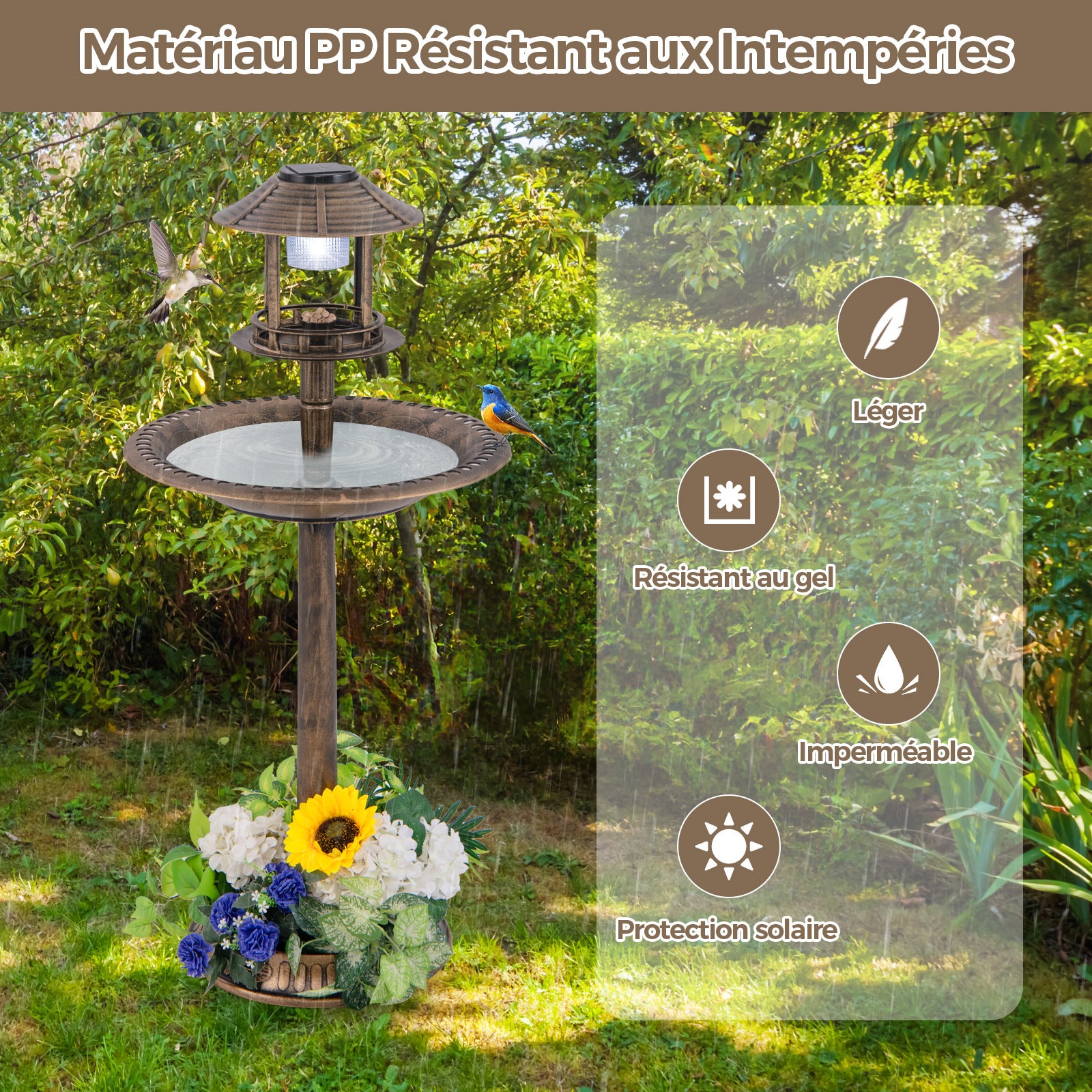 Banheira para pássaros 3 em 1 com energia solar, decoração exterior com suporte retroiluminado com lâmpada, bebedouro leve para pássaros para jardim, - 5