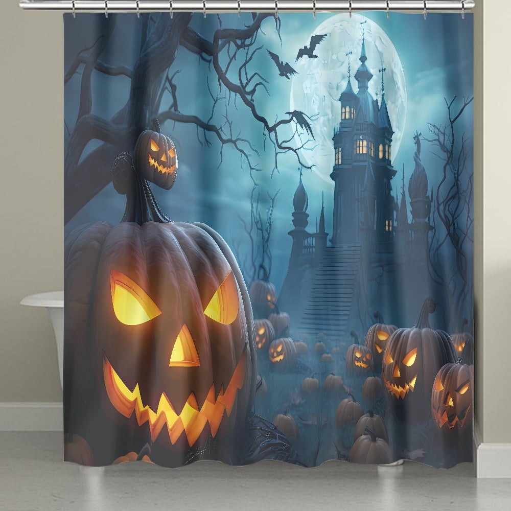 Zasłona prysznicowa na Halloween, zamek grozy, nietoperze, zła dynia, zasłony prysznicowe do dekoracji na Halloween, 180 x 200 cm