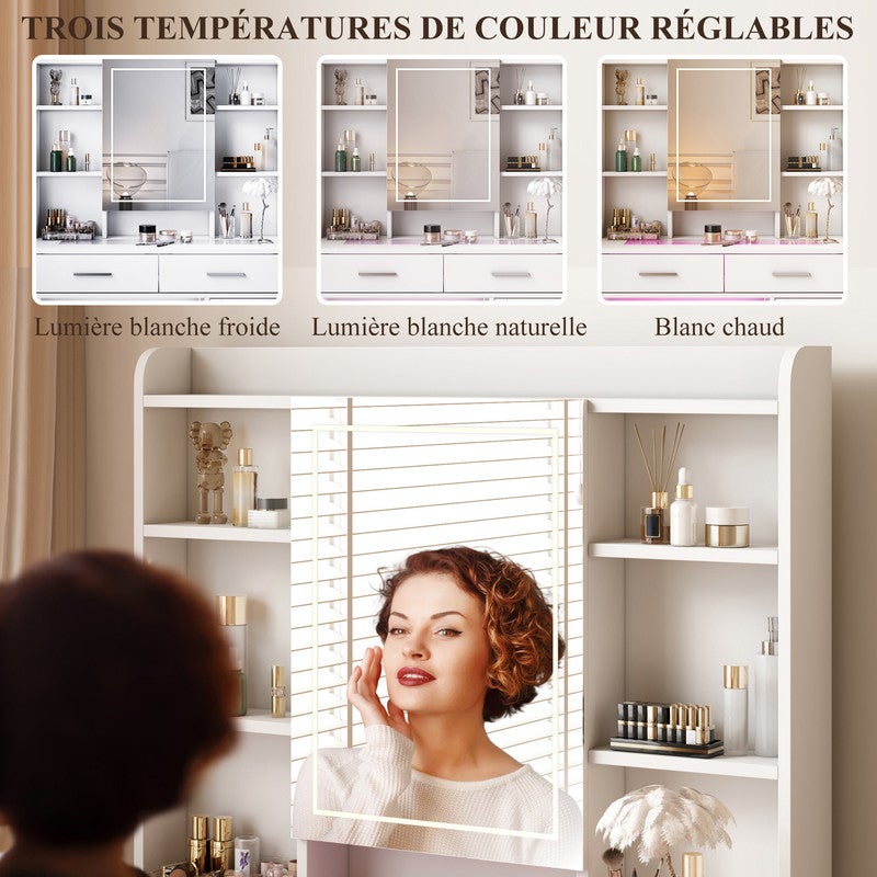 Coiffeuse d'angle - Coiffeuse moderne - 120x80x135 cm - Miroir LED 3 tons - 5 tiroirs transparents - 3 etagères - Meuble de rangement - Blanc - 3