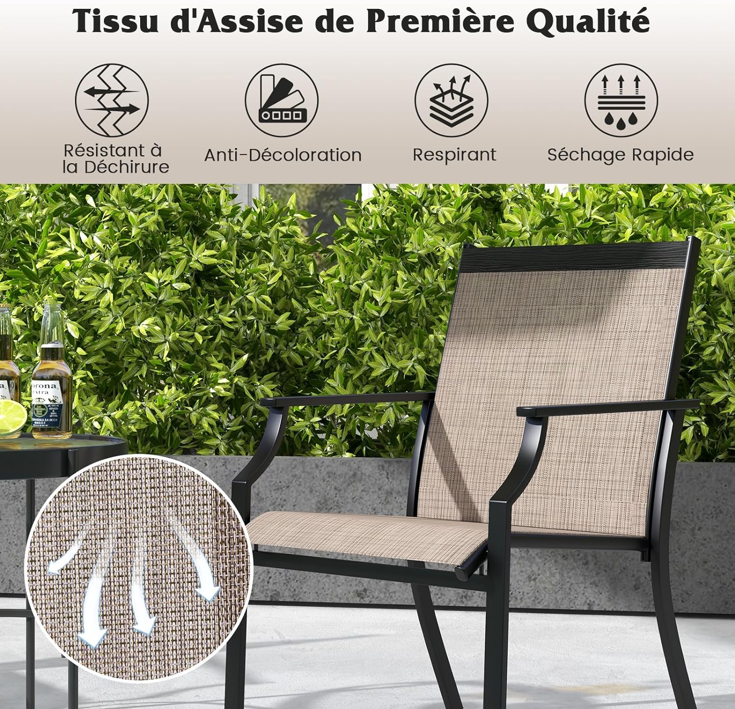 Juego de 2 Sillas de Jardín Textilene, Sillas Terraza Exterior de Tela Transpirable con Reposabrazos para Patio Piscina (Café) - 5