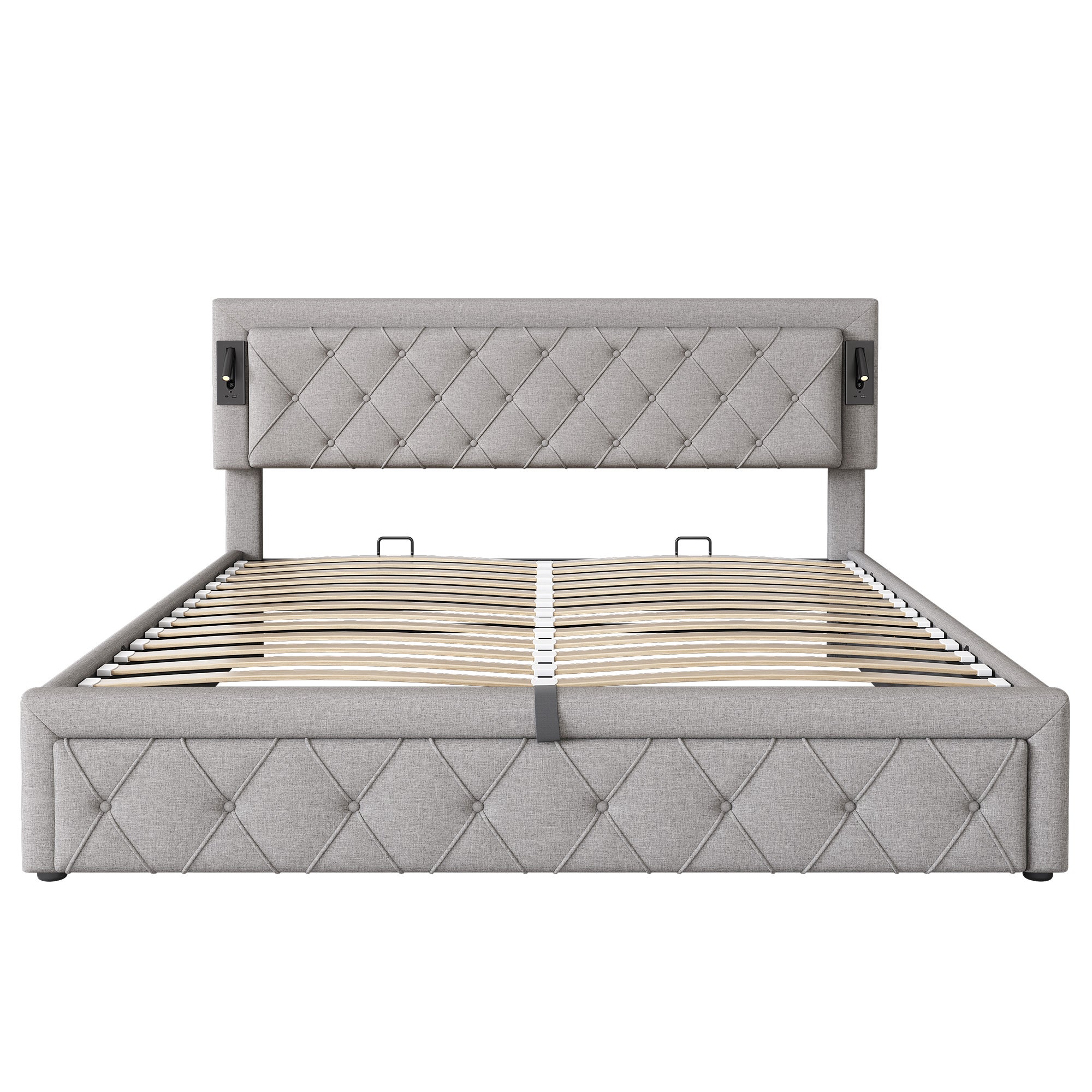 Cama contenedor de tela de lino 180x200 cm - con luz de lectura y toma USB - con somier - Gris - 7
