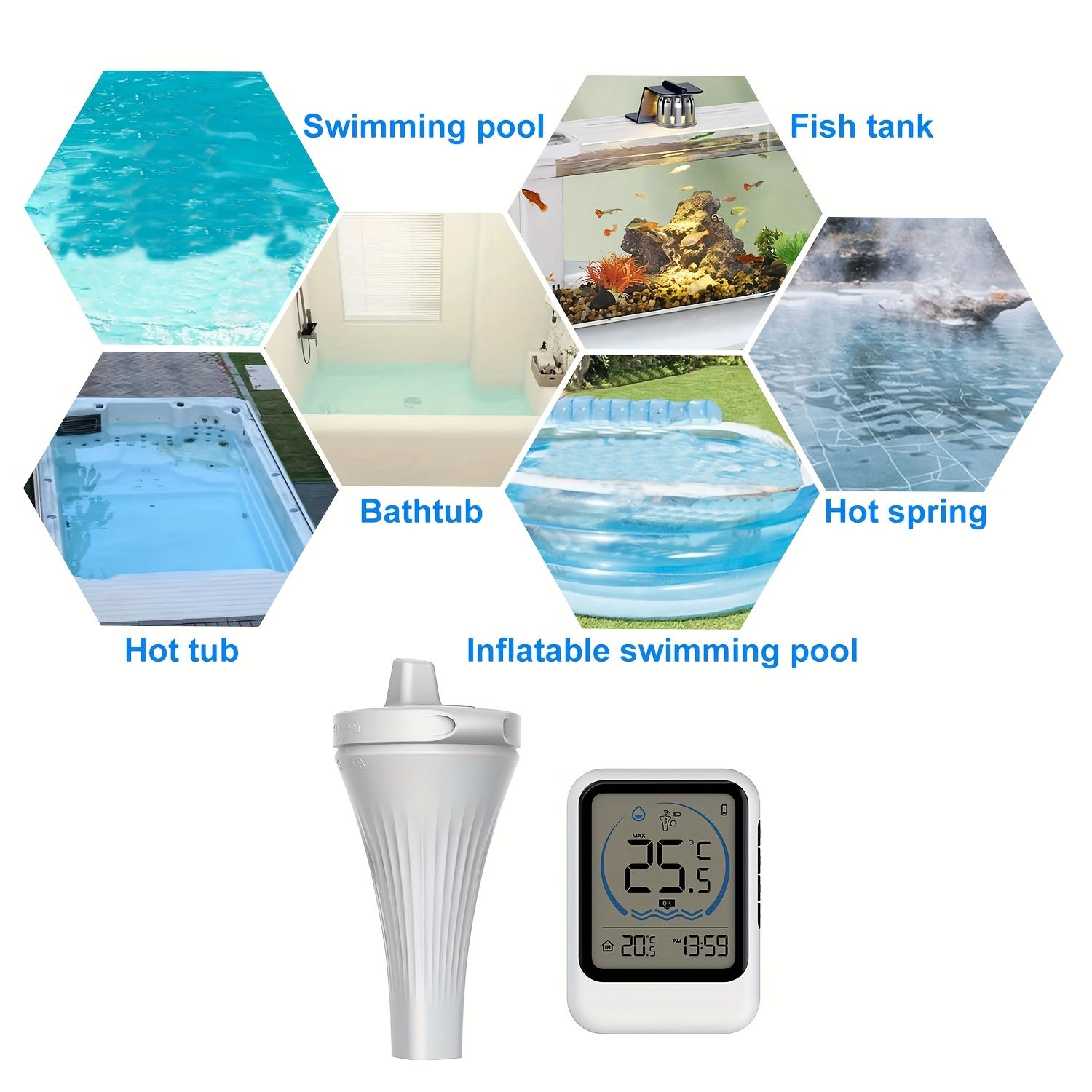 1 thermomètre de piscine sans fil, écran LED, étanche, avec capteur de température, adapté aux piscines (sans pile). - 4