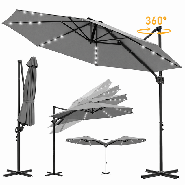 Parasol déporté gris 300 cm avec 28 LED solaires, rotation complète, inclinaison réglable, toile anti-UV UV50+