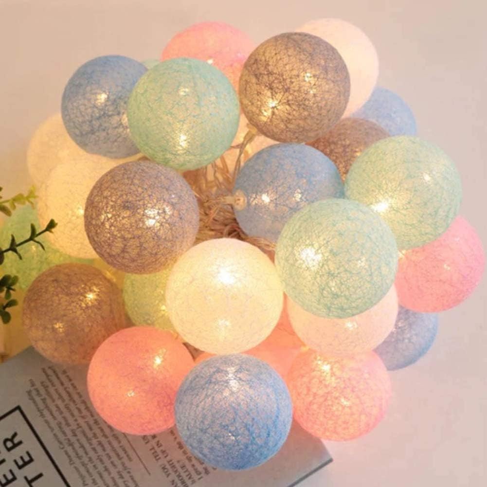 Bande lumineuse boules de coton - 3 m 20 LED - Couleur macaron - Alimentation par piles - Lumière blanche chaude (avec flash) - 8