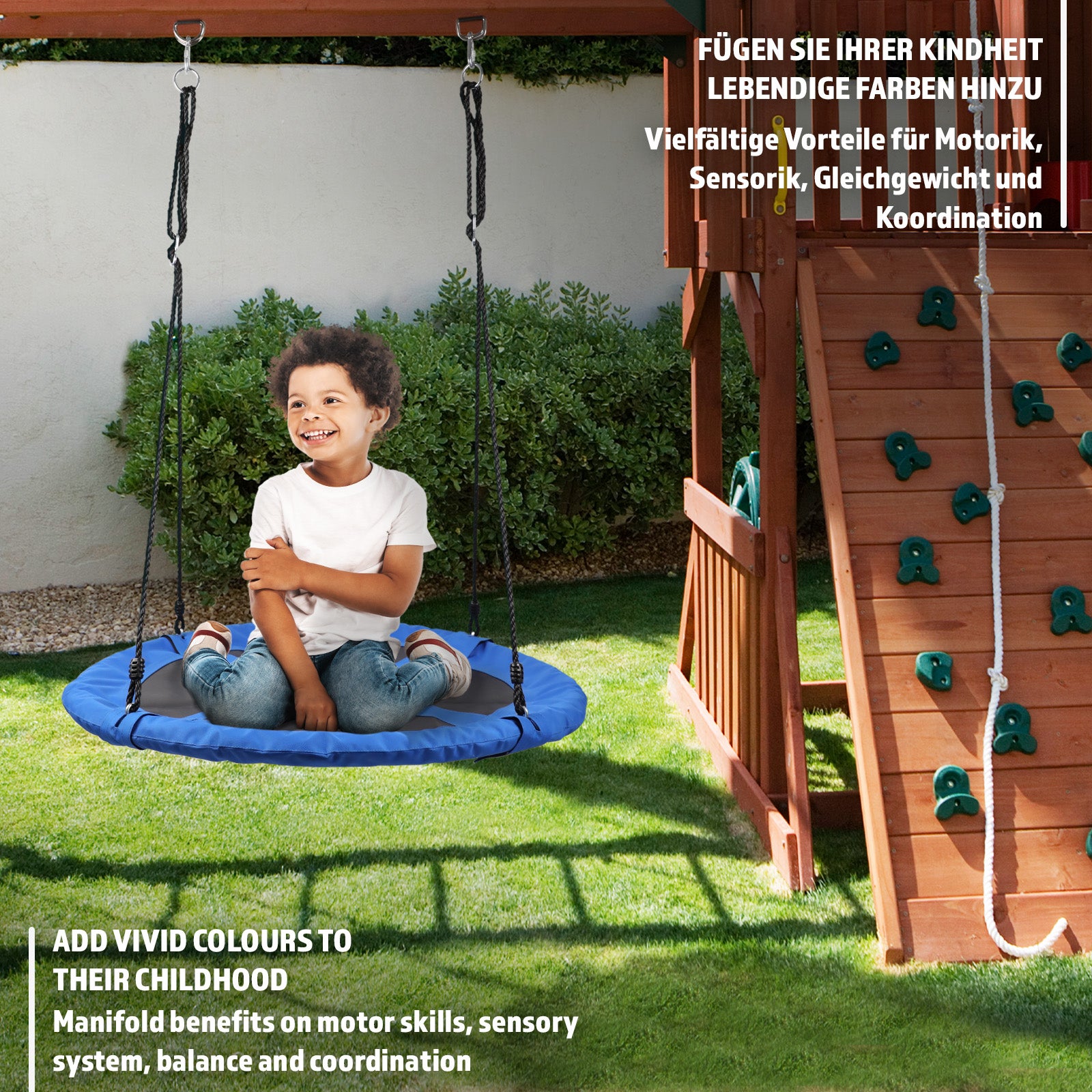 Balançoire en planche bleue enfant HUDORA sécurisée en caoutchouc extérieur cordes ajustables