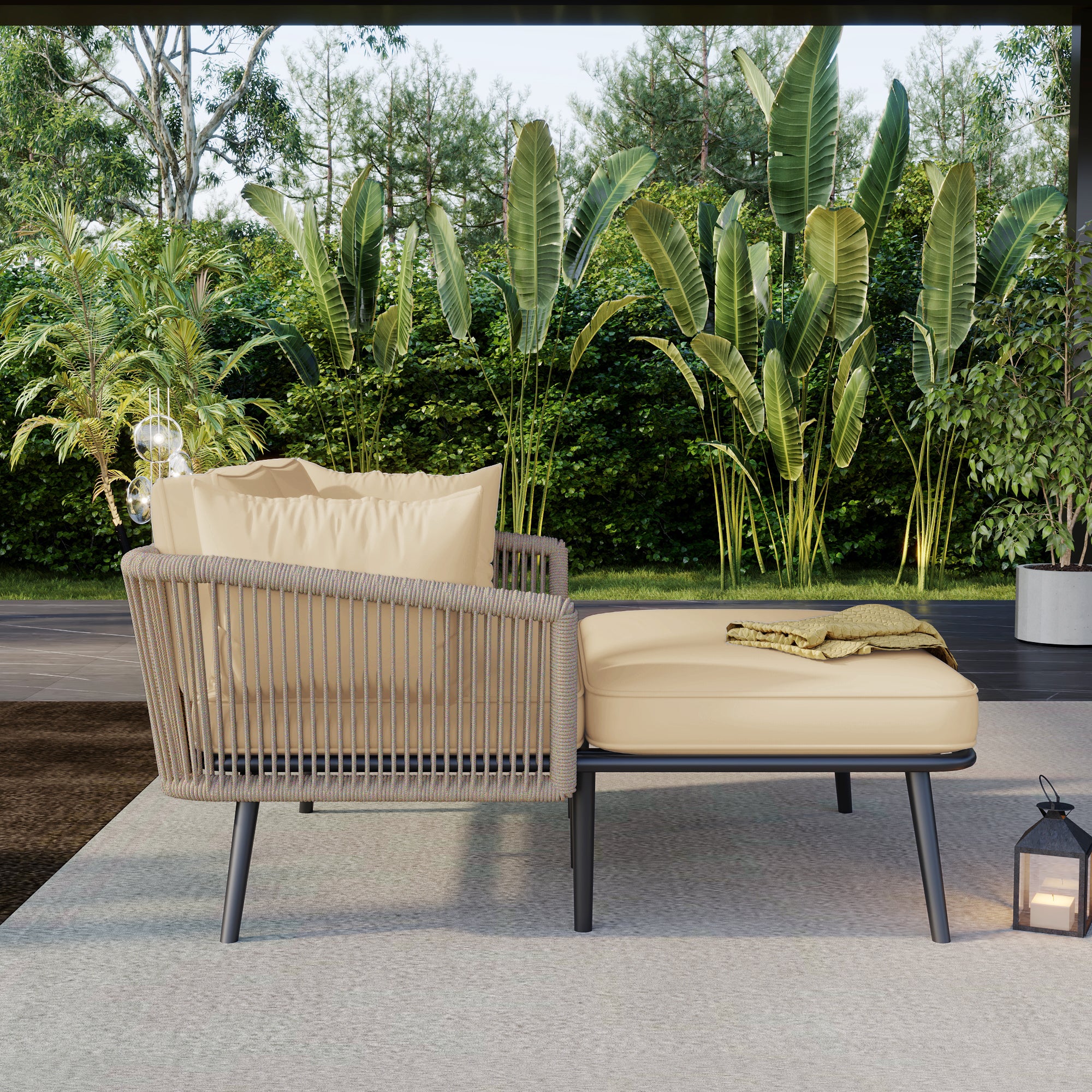 Espreguiçadeira de jardim com 2 almofadas removíveis e laváveis - Revestimento kaki areia e estrutura resistente ao tempo - 5
