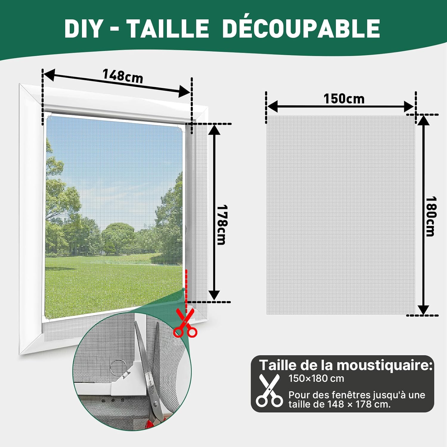 Moustiquaire magnétique pour fenêtre, en fibre de verre, à monter soi-même, cadre amovible, sans perçage, 150 x 180 cm - 6