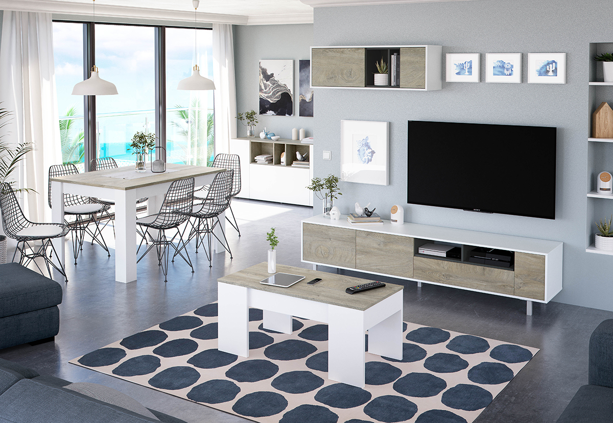 Buffet meuble de rangement avec 3 portes coloris Béton / blanc artic - Longueur 150 x Hauteur 76 x Profondeur 41 cm - 4