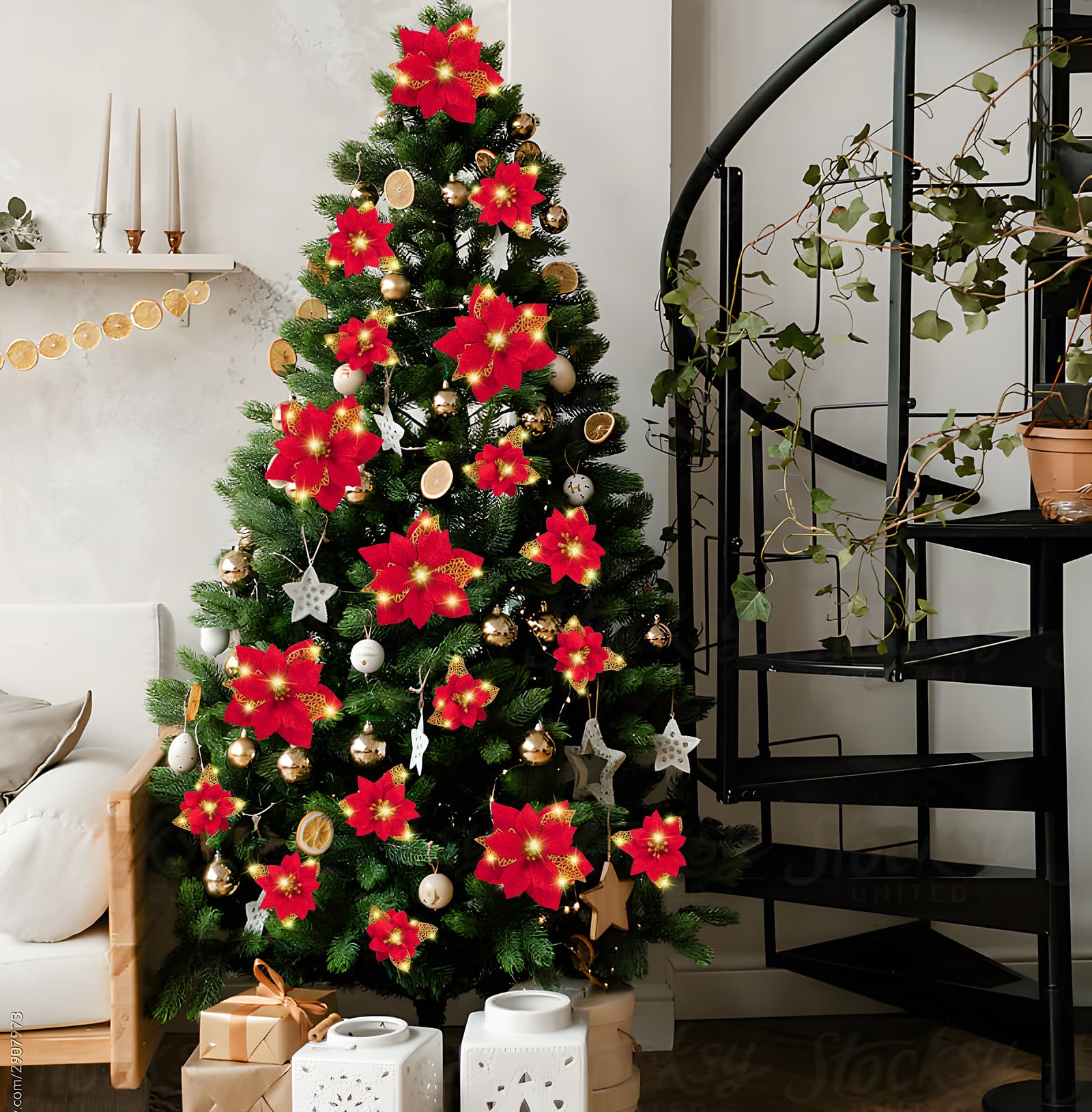 Lot de 32 décorations de Noël, fleurs artificielles scintillantes avec clips, décorations pour sapin de Noël, pendentifs de fleurs artificielles - 5