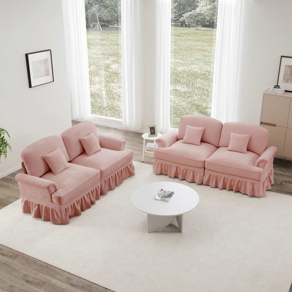 Elegante divano 2 posti a forma di L in chenille con braccioli a treppiede, gonna rimovibile, gambe affusolate e pouf, design versatile e confortevole - 2