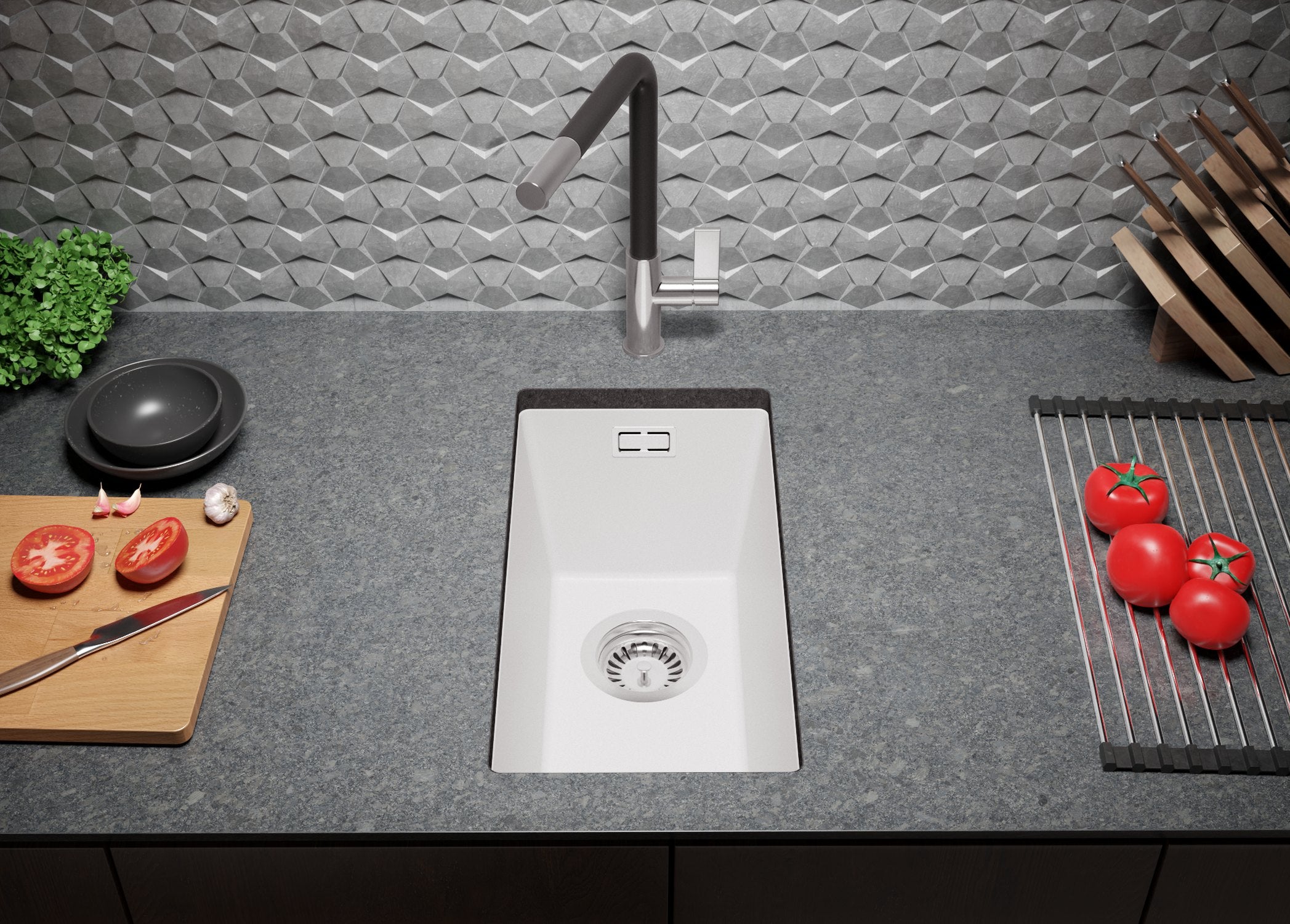 Lavandino sottotop Bianco 26x47cm, Lavello in Granito a 1 vasca + Sifone Classico + Accessori, Lavabo da Cucina al mobile 30cm - London PRIMAGRAN - 4