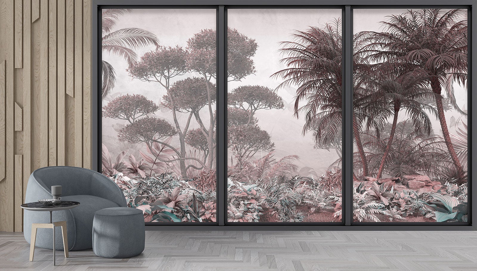Papier peint panoramique Trompe l'oeil baie vitrée - Forêt tropicale - Largeur 260 cm x Hauteur 156 cm - 4