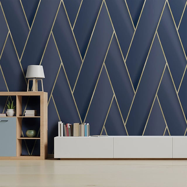 Papier peint géométrique bleu d'or