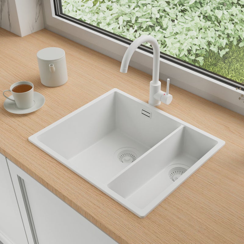 Zlewozmywak Granitowy 56x47cm, do szafki od 60cm + Bateria + Syfon - Agate Cały Biały STONESTYLE