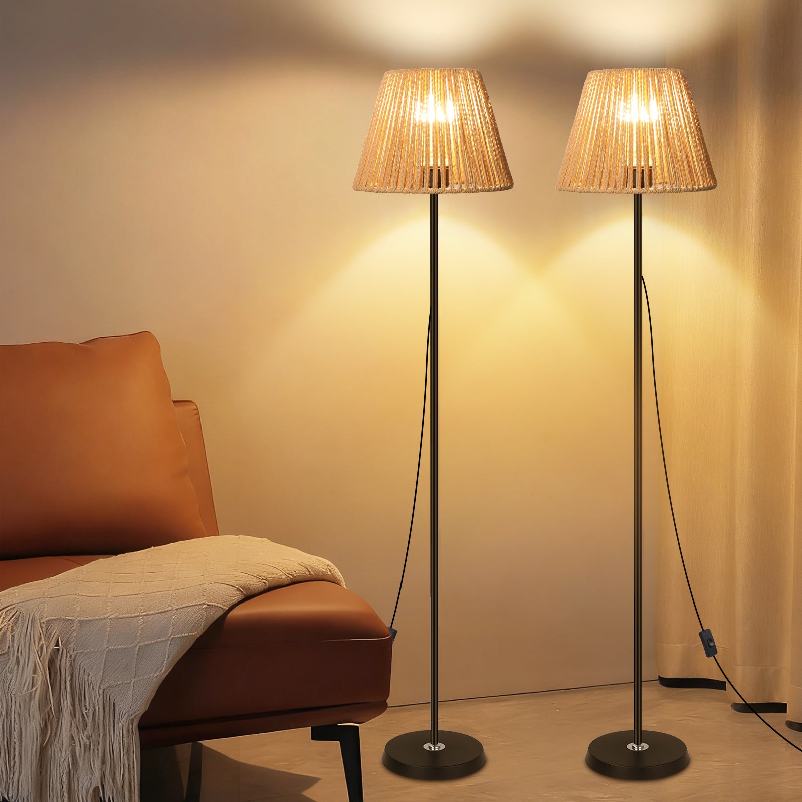 LOVHAUS Zestaw 2 szt. Lampa Podłogowa Z Abażurem Z Plecionego Rotangu Z Włącznikiem/Wyłącznikiem - 22 x 170CM