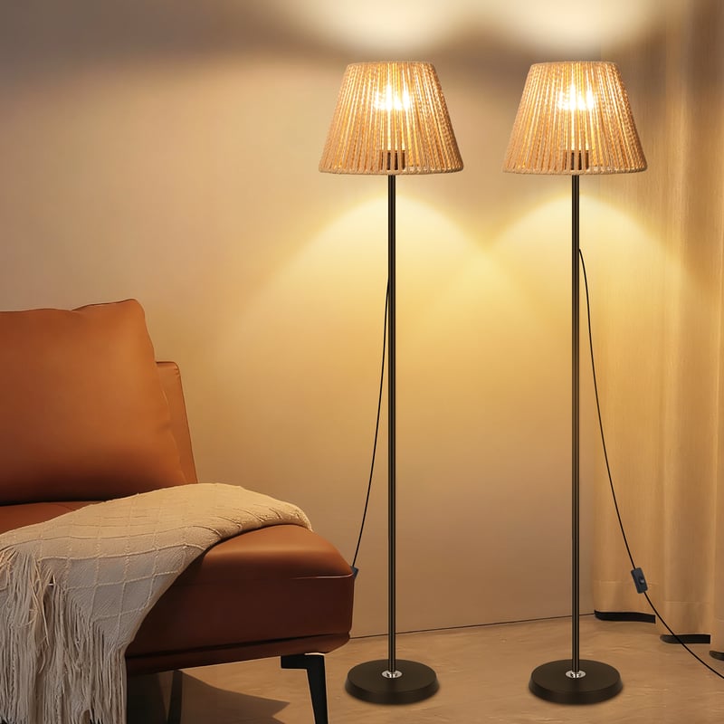 LOVHAUS Zestaw 2 szt. Lampa Podłogowa Z Abażurem Z Plecionego Rotangu Z Włącznikiem/Wyłącznikiem - 22 x 170CM