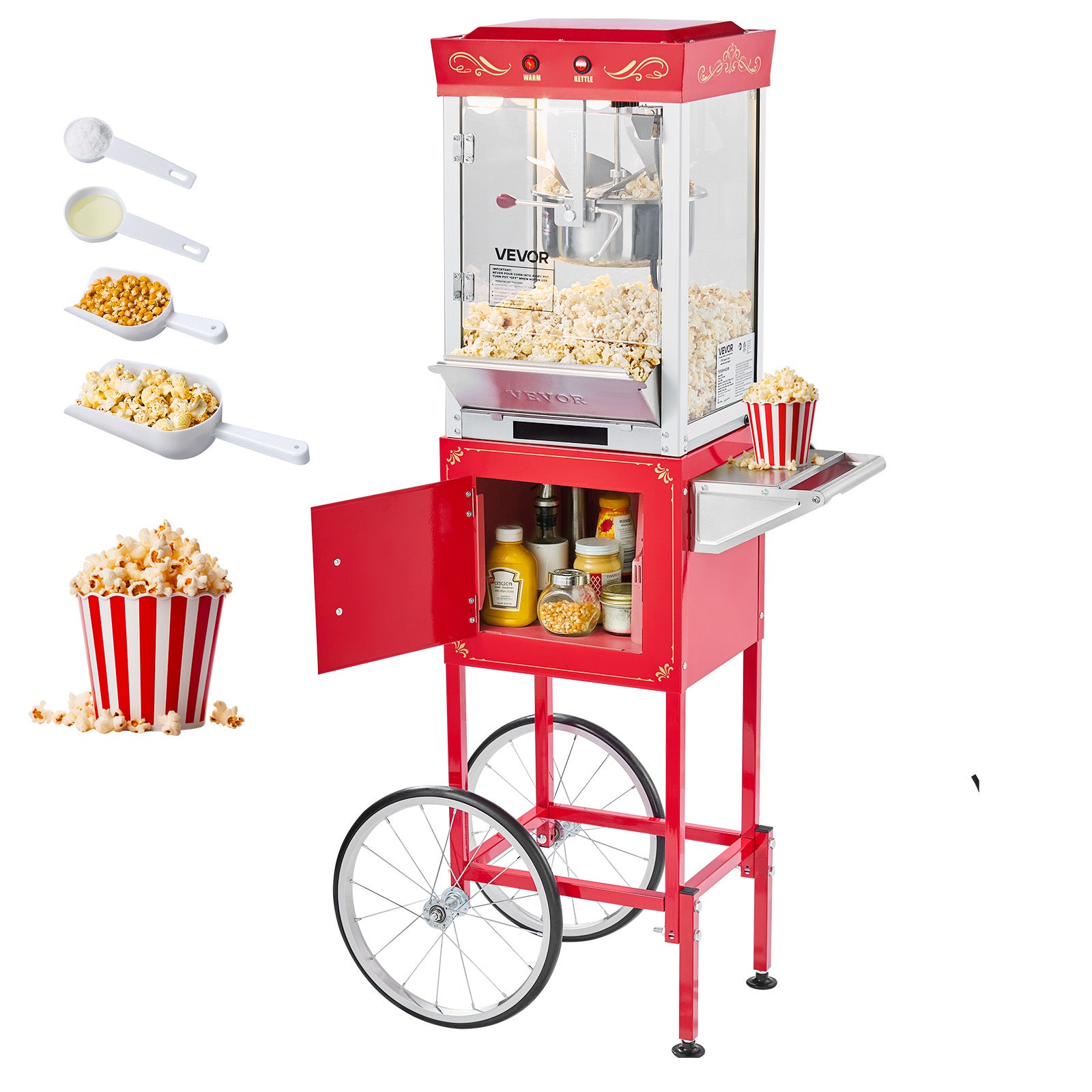 Maszyna do Popcornu VEVOR z Wózkiem 800 W, Garnek Inox 0,2 kg / 48 Filiżanek, 2 Przyciski, Szkło, Łyżki i Miarka, Czerwona