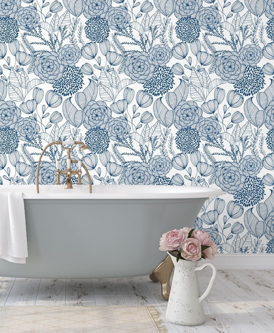 Papier peint vinyle fleurs dessinées bleu - Morgan Flowers 680643 de GAULAN - Rouleaux de 10 m x 0,53 m - 6