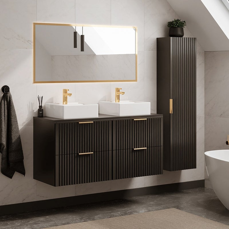 Szafka łazienkowa wisząca ryflowana z umywalką nablatową i słupkiem - Czarny - 120 cm - ZEVARA