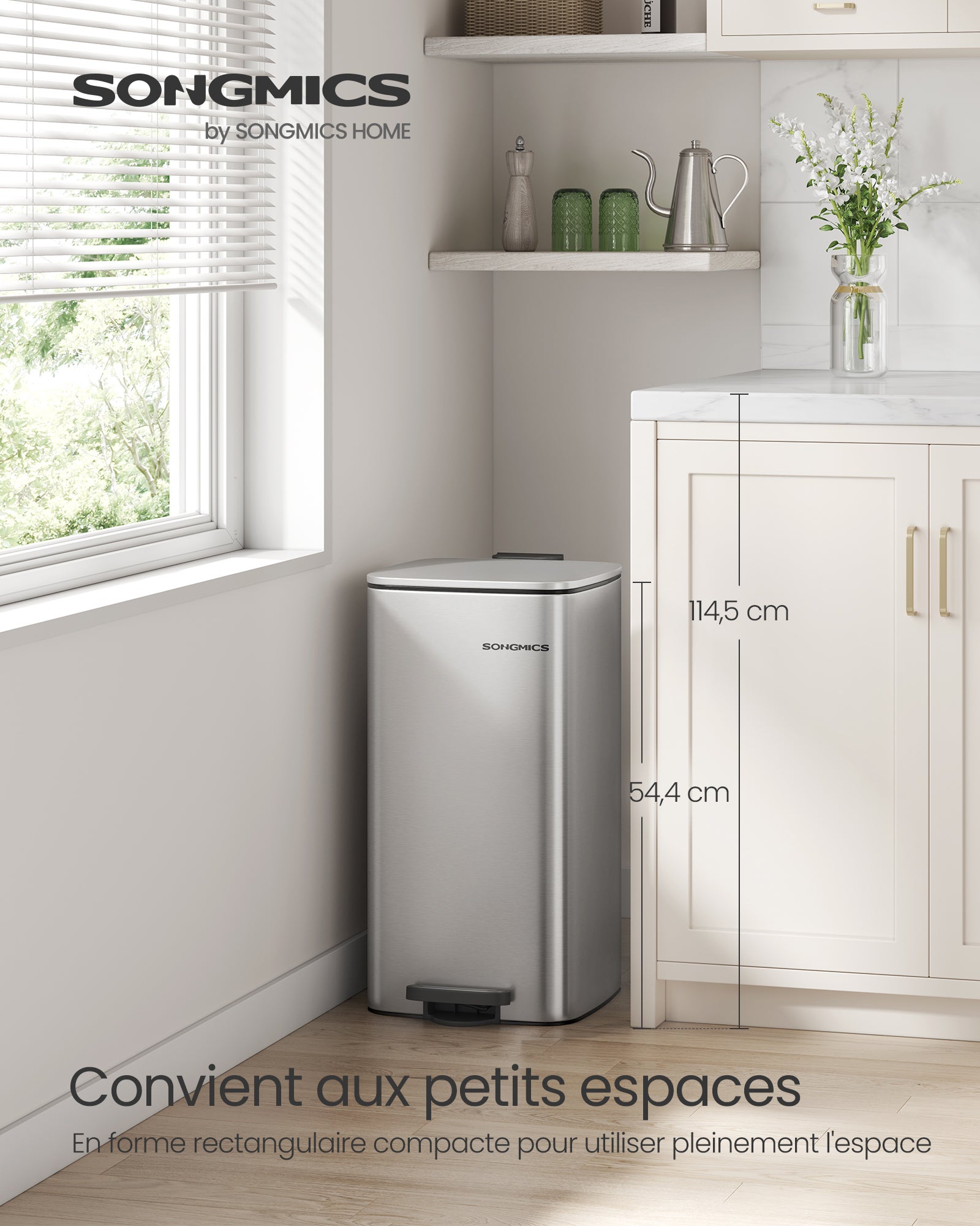 Poubelle de Cuisine, Poubelle 30 L, Poubelle à Pédale en Acier, avec Seau Intérieur, Fermeture Douce et Maintien en Ouverture, Argent Métallique - 2