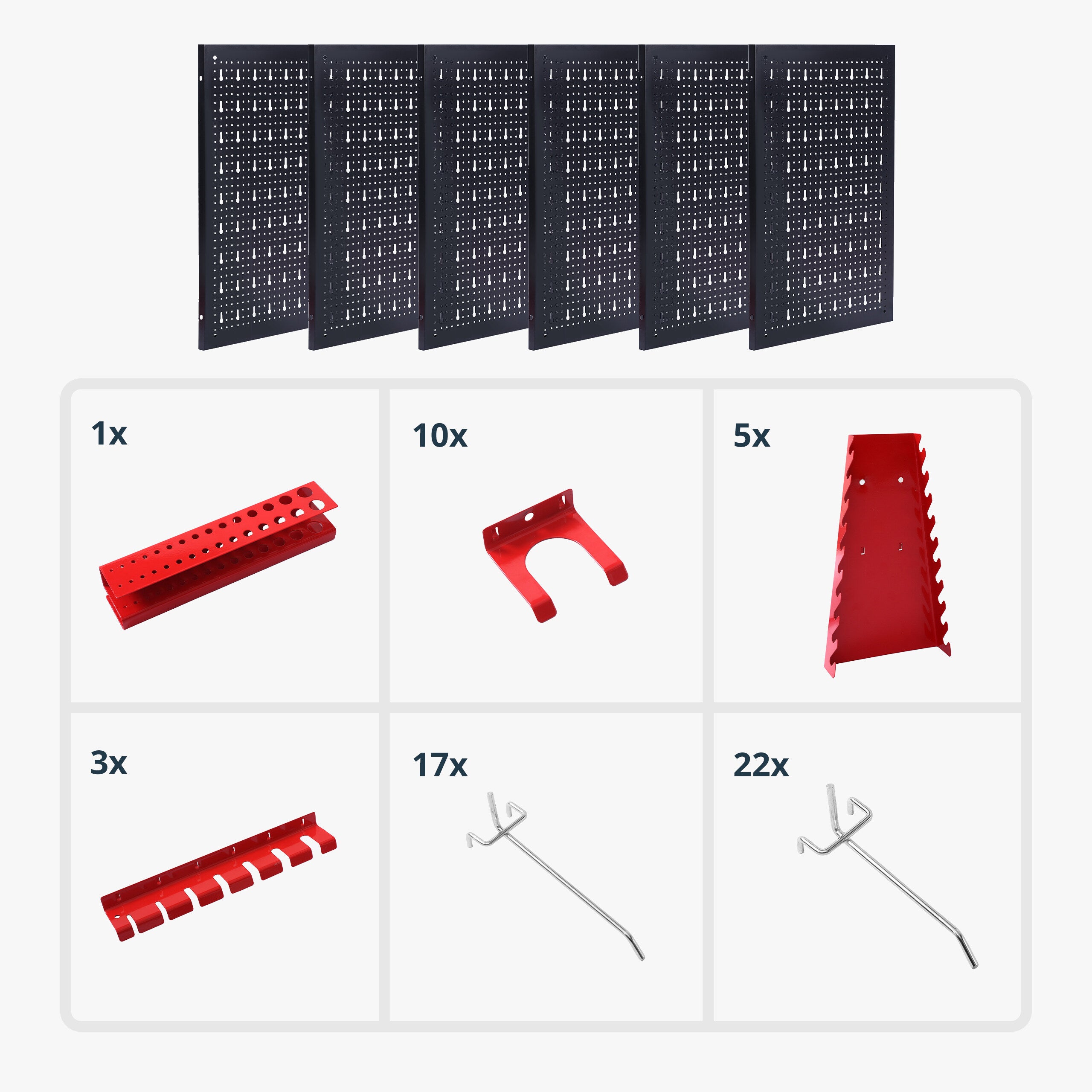 Panneau porte-outils 6 panneaux perforés, 58 accessoires, HxL 60x40 cm, métal, pour atelier, noir/rouge, Relaxdays - 5