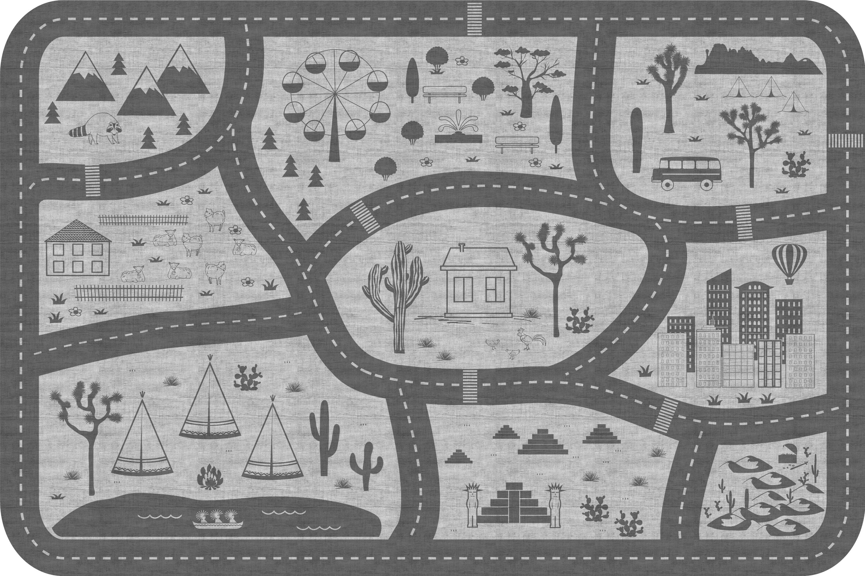 Winylowy dywan dziecięcy Road trip szary 100x150 cm - antypoślizgowy dywanik PVC do pokoju dziecięcego, ognioodporny i zmywalny