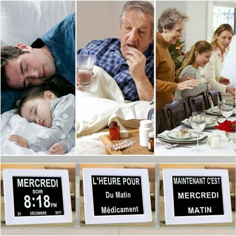 Horloge calendrier numérique tout-en-un de 7 pouces avec date et heure, rappel de médicaments pour grands-parents et enfants - Blanc - 4