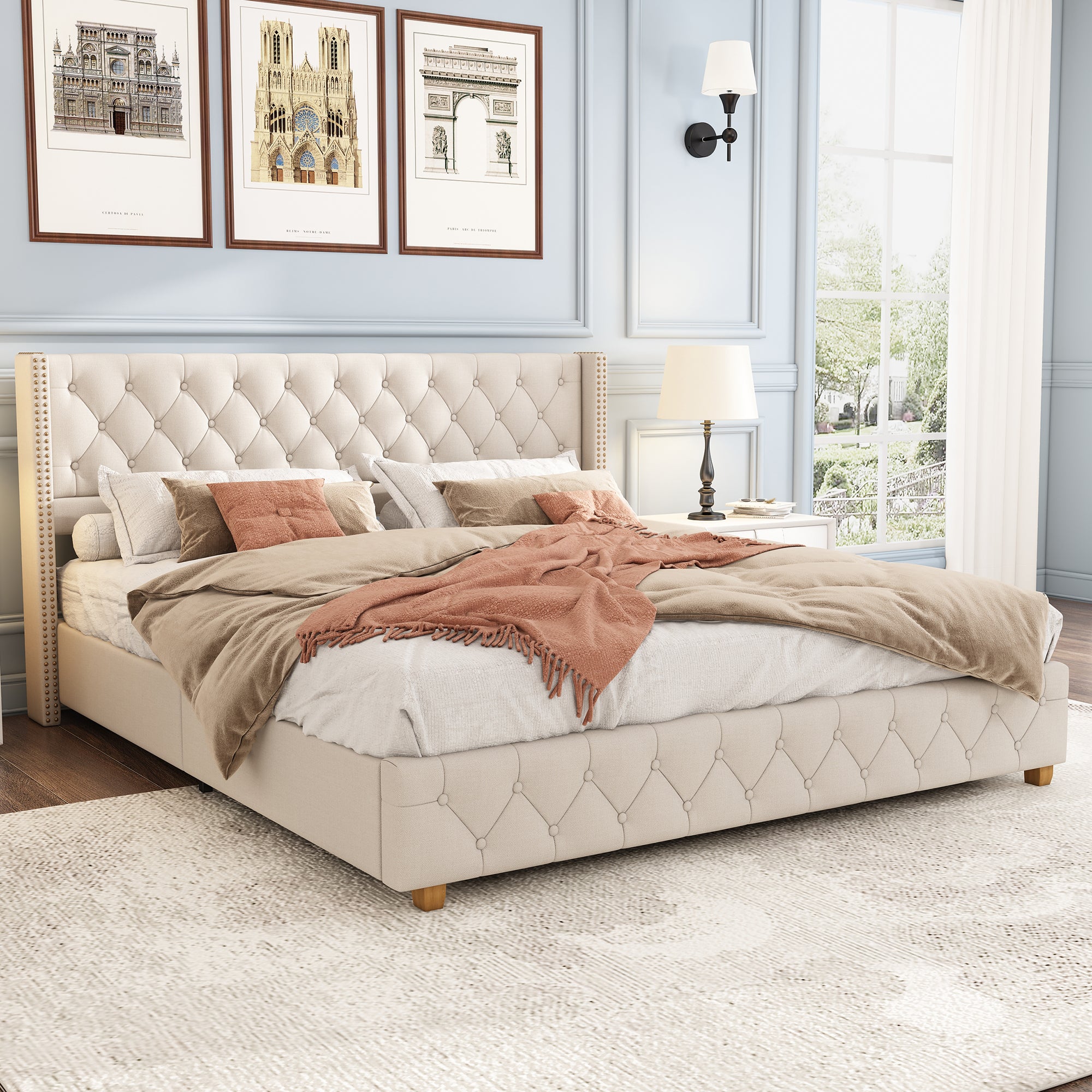 Lit Double 140x190 cm - Lit Classique Beige en Lin - Tête de Lit Capitonnée, Sans Matelas - 7