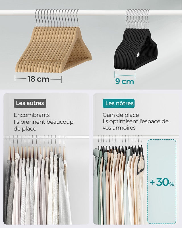 Cintres en Velours, Lot de 50, Antiglisse, avec Encoches, Barre pour Pantalons, Crochet Pivotant à 360°, Noir Classique - 4