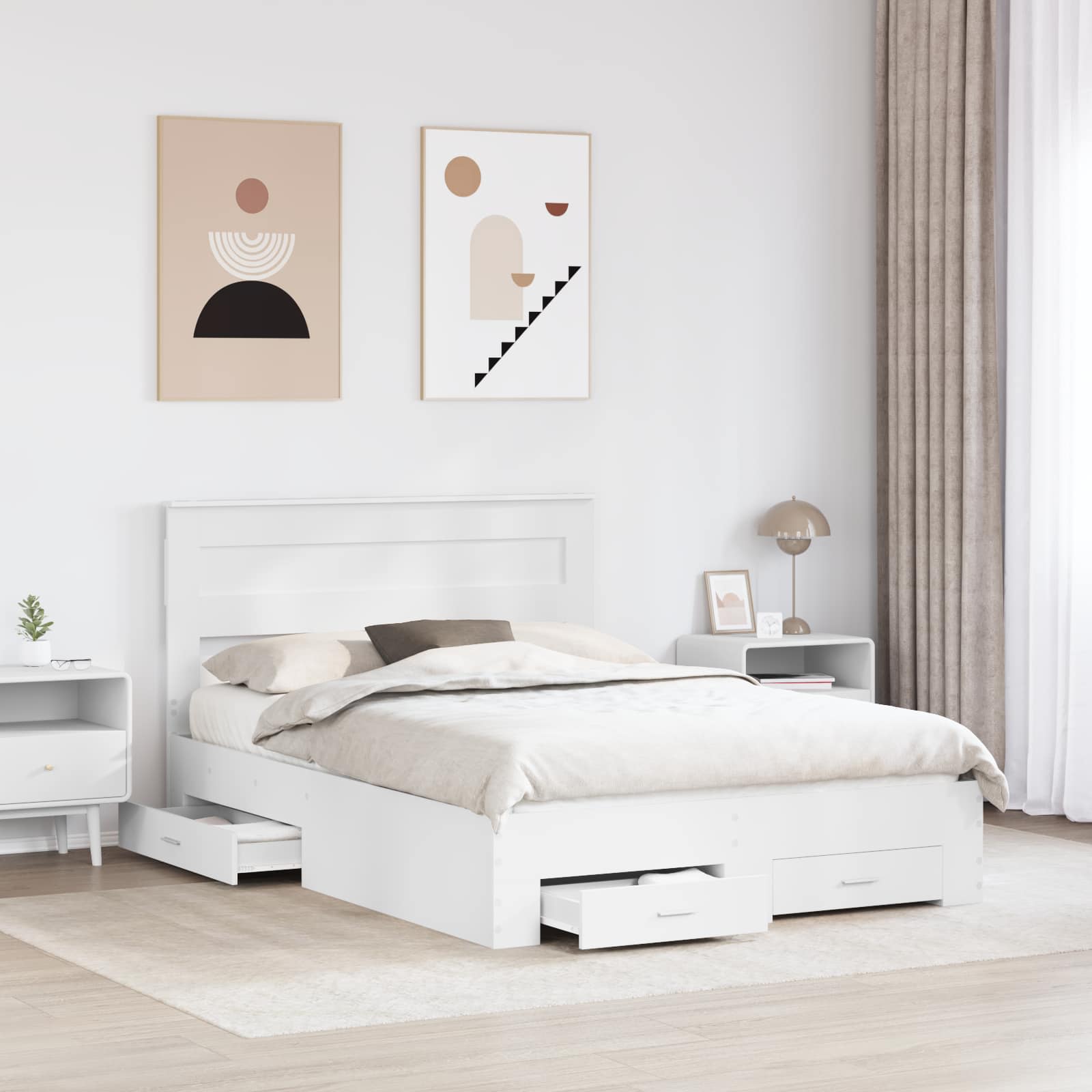 Cadre de lit avec tiroir, blanc, panneau de bois, pour la chambre, 160 × 200 cm - 3