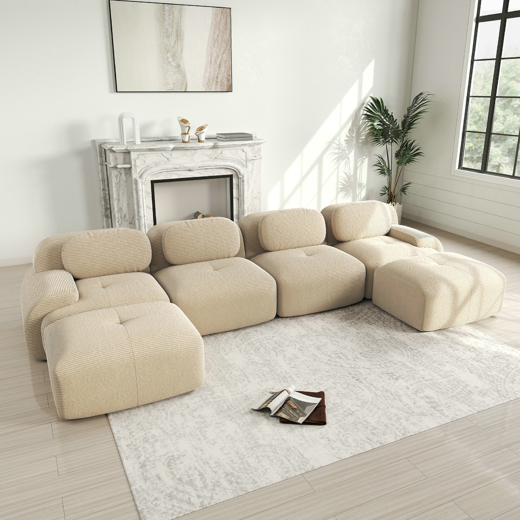 Canapé d\'angle modulable en forme de U Canapé 4 places Élégant - Accroupiers extra-larges- Tissu velours côtelé respirant - Beige - 3