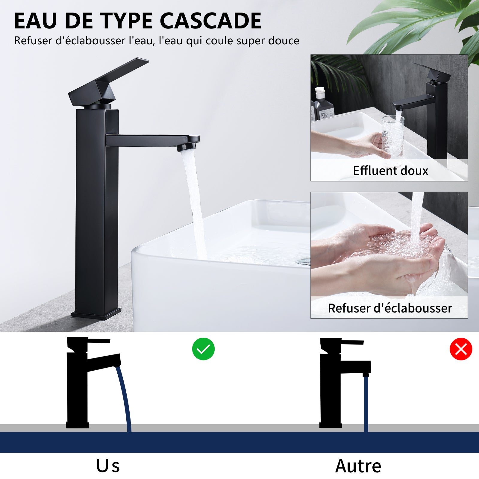 Mitigeur Salle de Bain Noir avec Bec Haut Robinet de Lavabo Pour Vasque à Poser Robinetterie Lavabo avec Poignée Carré en Inox - 5