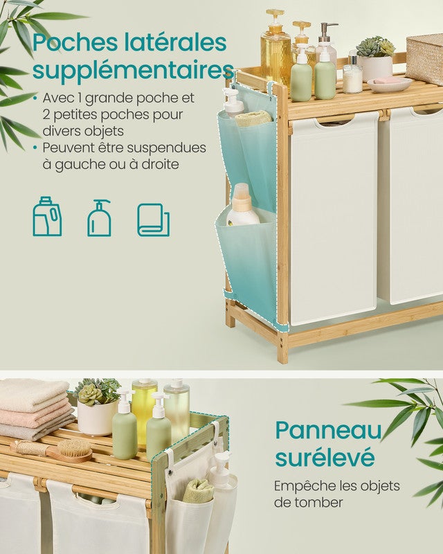 Panier à Linge, avec 3 Compartiments, Corbeille à Linge Sale, Capacité de 150 Litres, avec Étagère, 3 x 50 L, 94 x 33 x 78 cm, Blanc Crème - 5