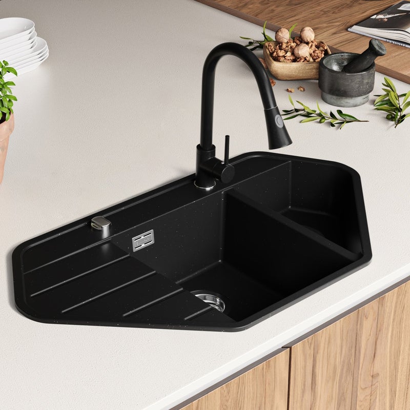 Zlewozmywak Narożny Czarny Metalik 90x50cm, Zlew Kuchenny 1,5 Komorowy + Syfon, Nablatowy do szafki od 70cm - Kopenhaga Corner PRIMAGRAN